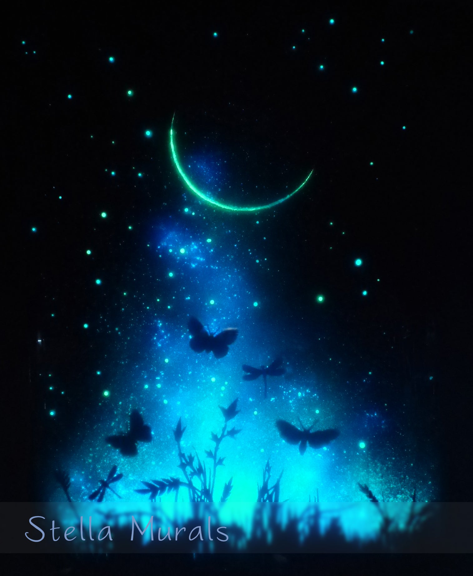 Glow in the dark meadow with crescent moon, moths and butterfly silhouettes. A glow in the dark poster for summer nights to transform the bedroom wall into starry night scene.