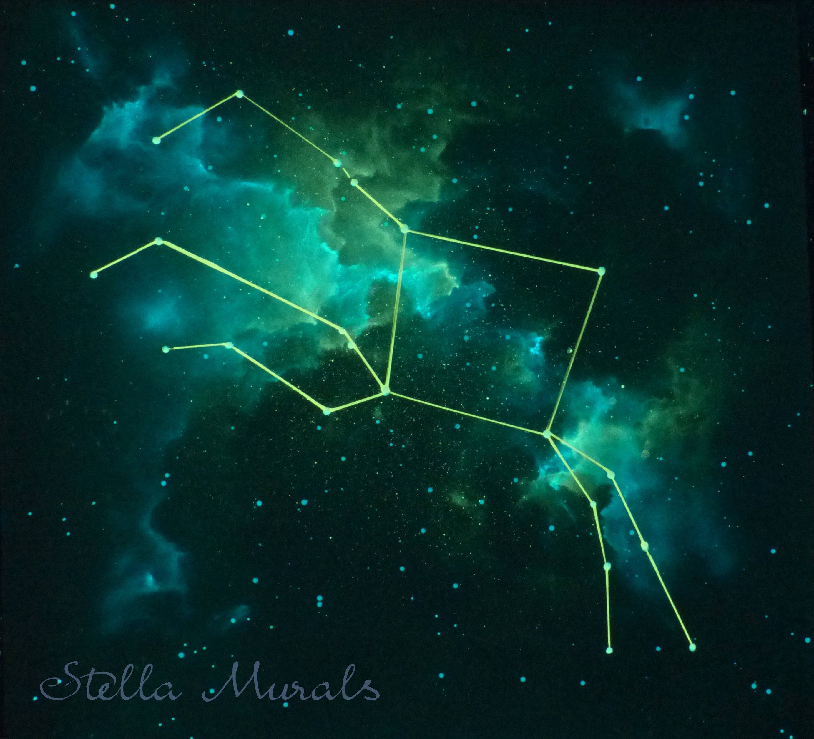 Glowing in the dark photoluminescent mural for bedroom wall of the star constellation pegasus the winged horse.