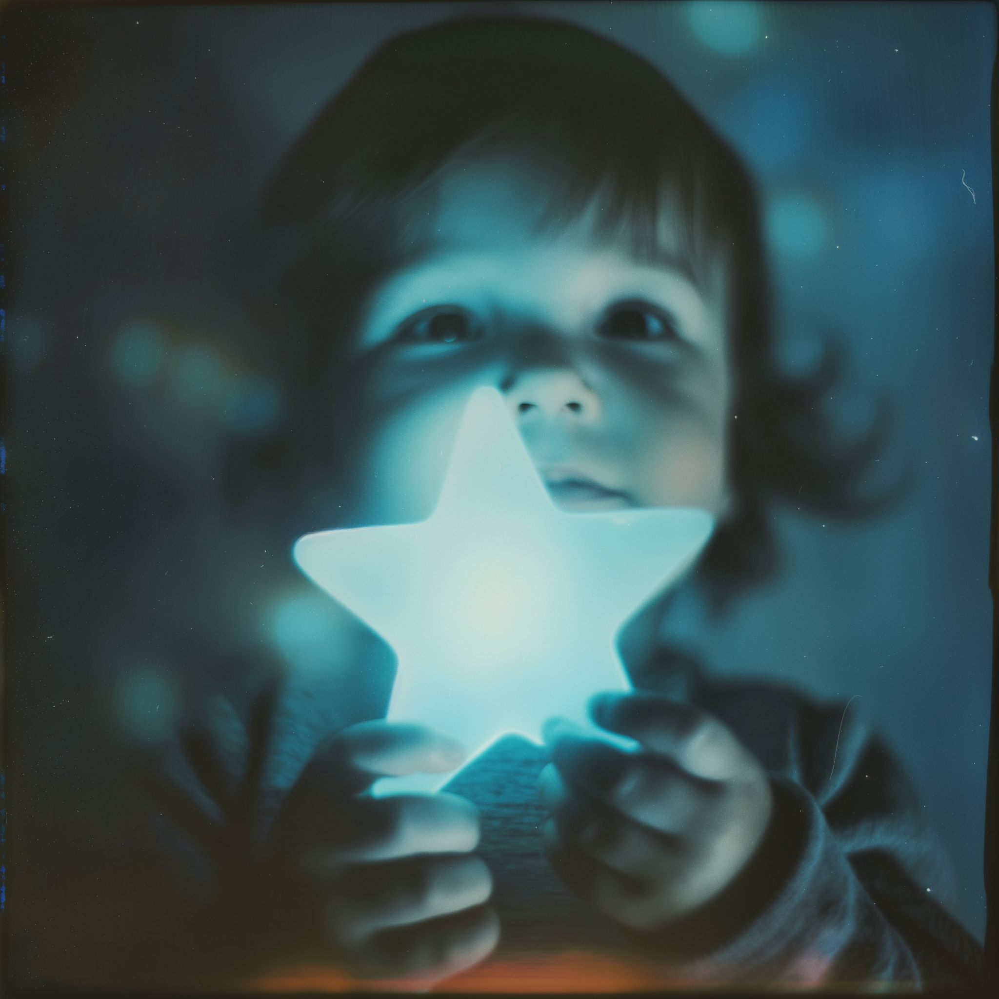 Boy holding a large blue glow in the dark star 