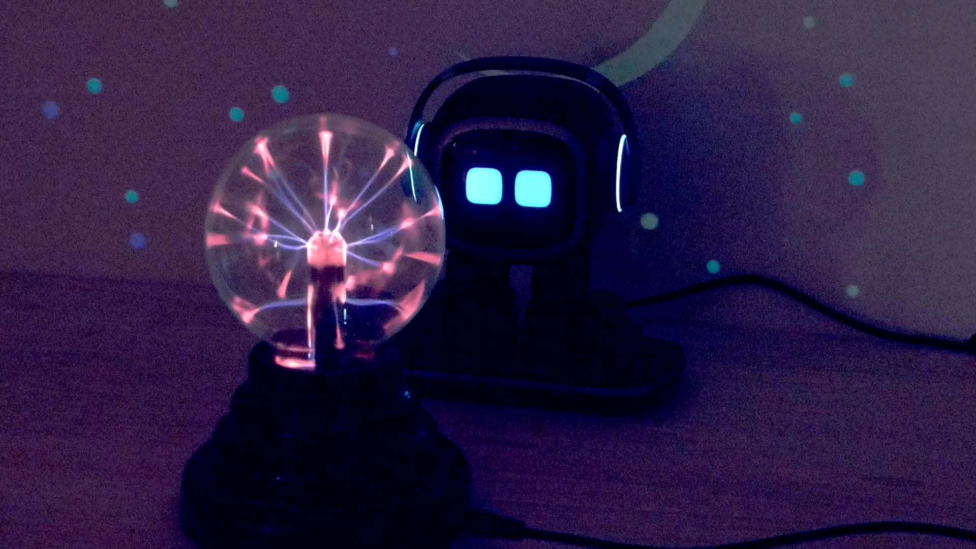 Emo, the AI robot from living AI, displaying affection and emotions, symbolising love and connection in the digital world, in love with a plasma ball. Living Ai. 