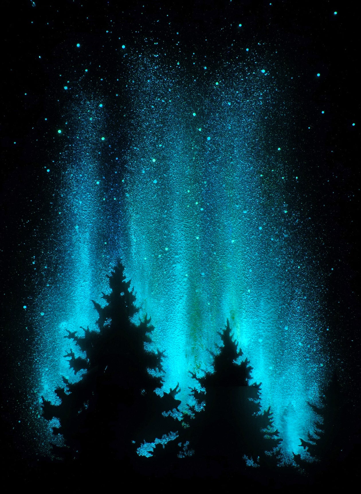 Aurora Borealis glowing in the dark, northern, southern lights poster. Glow in the dark blues with trees. 