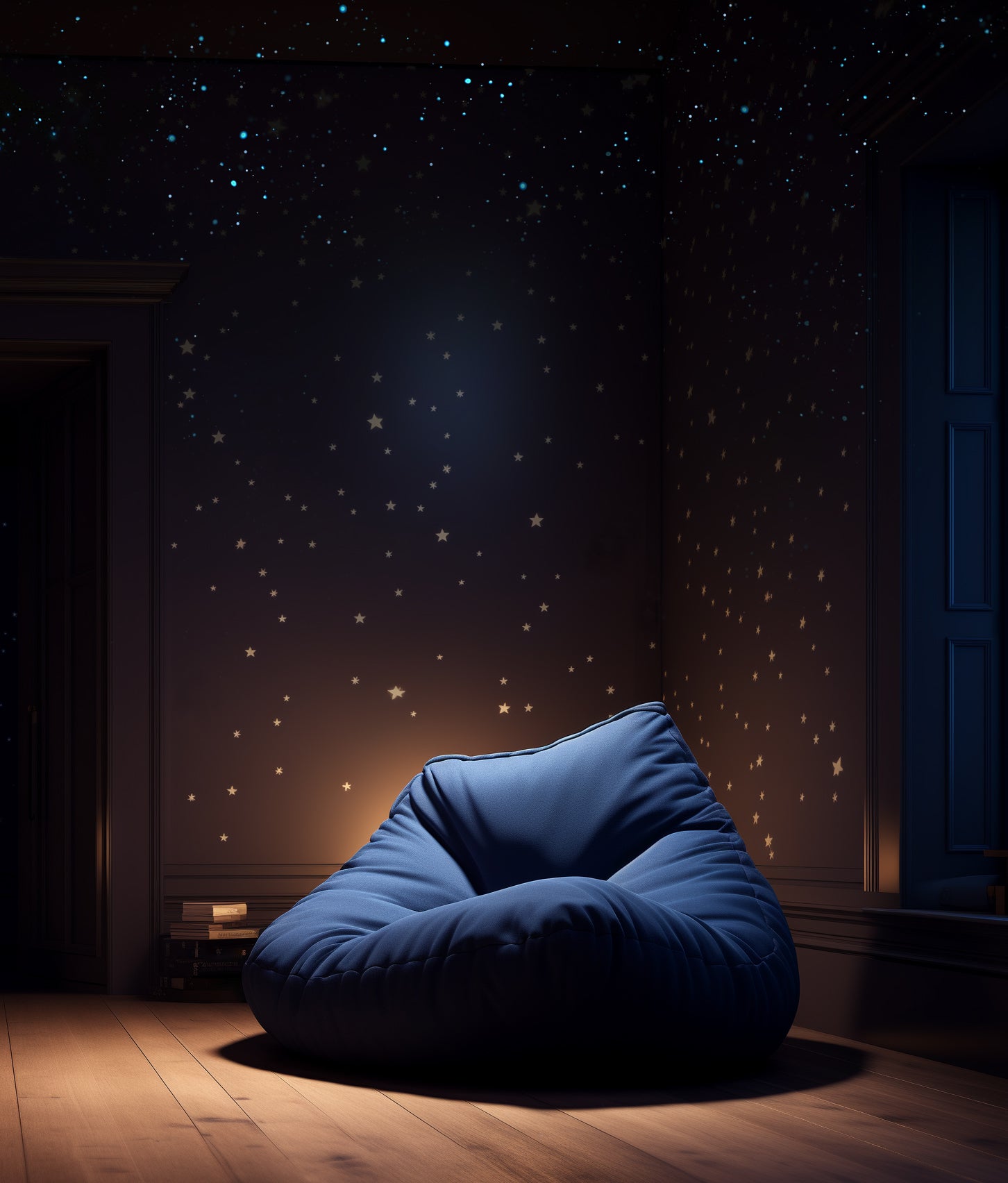 sensory dark therapy room with glow in the dark stars, star stickers and comfy bean bag. Chill out room.