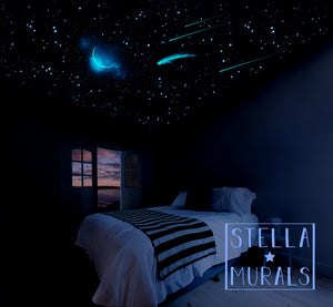 glow in the dark star ceiling, crescent moon, comets, shooting stars for restful sleep