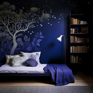 beautiful wall mural in a dark blue bedroom with glow in the dark stars 