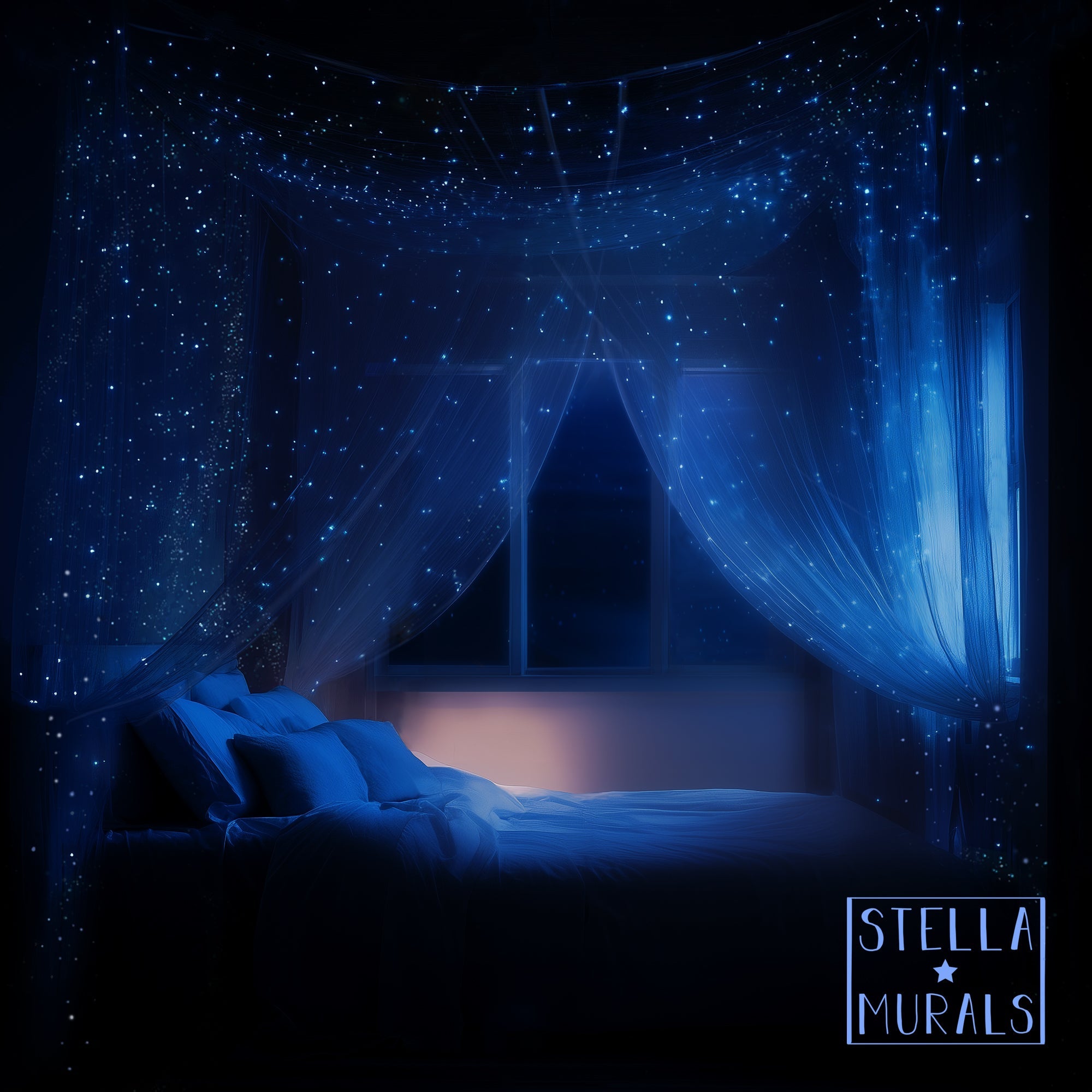 glow in the dark star four poster bed canopy hung from the ceiling. 