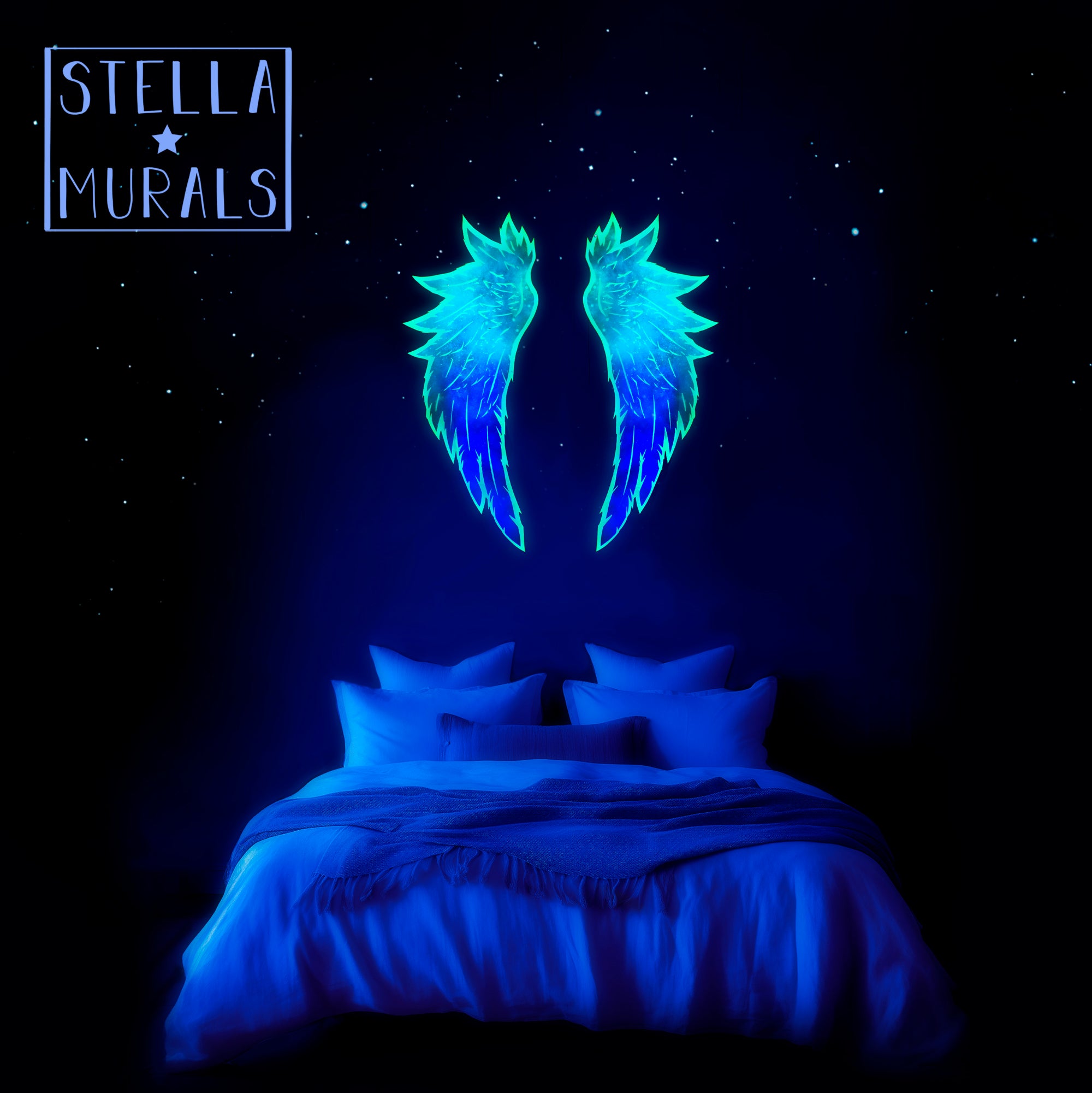 glow in the dark angel wings in a night time bedroom, fantasy photoluminescent decals to turn your bedroom into a dreamy starry realm. 