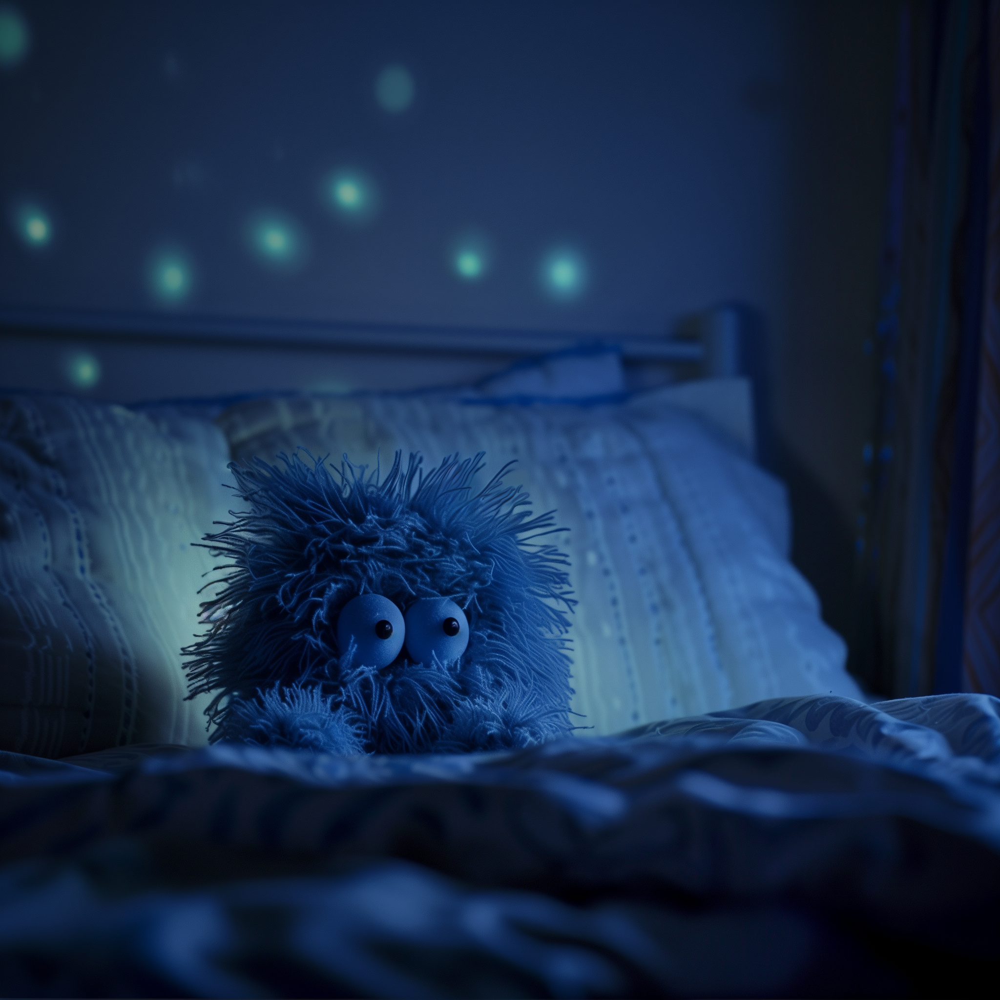 Glow in the dark star murals for kids scared of the dark, scared little monster toy on bed. 