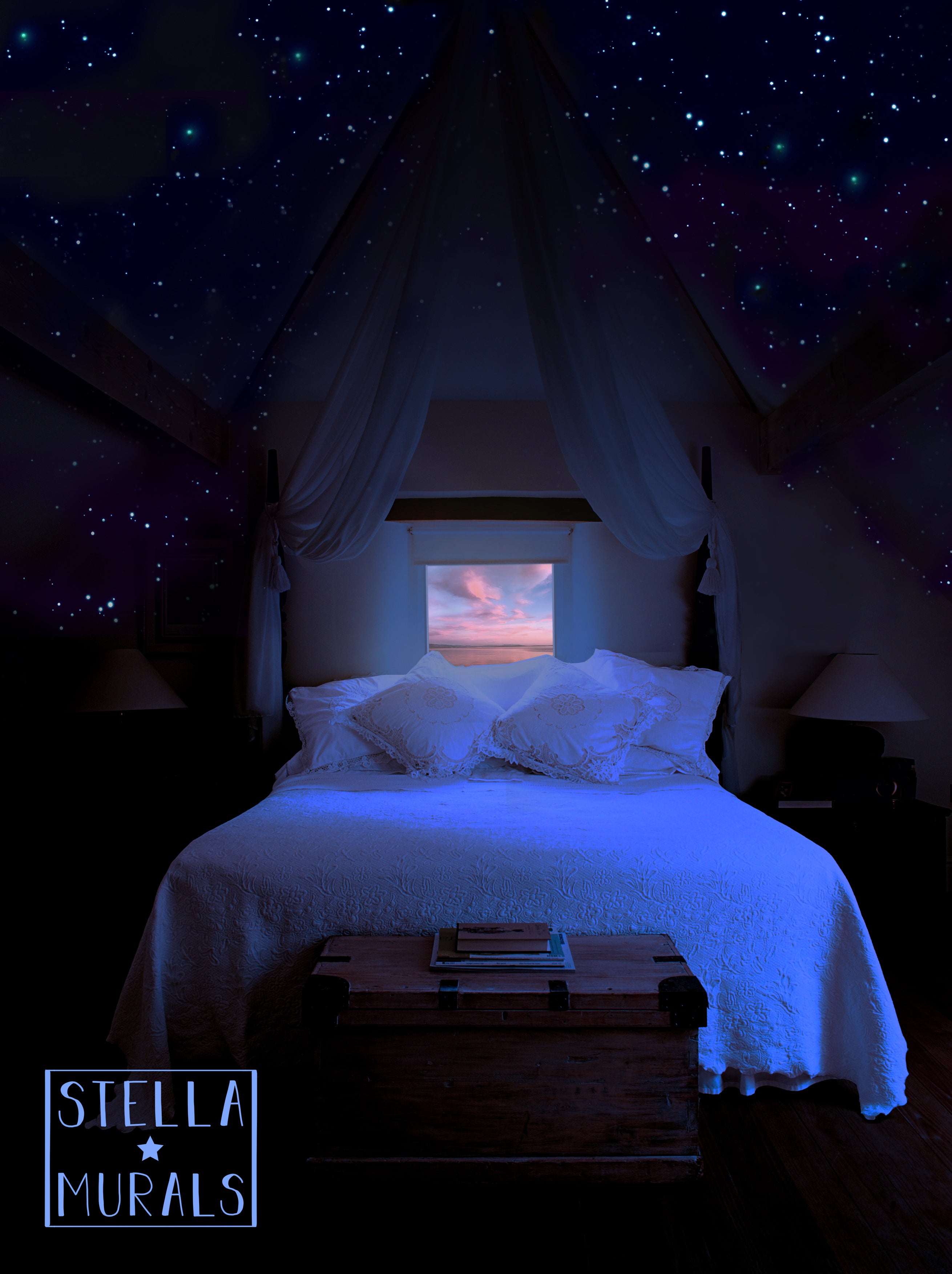 Stella Murals glow in the dark stickers and murals for airbnb guest room. Luxury bedroom with night sky home decor. 