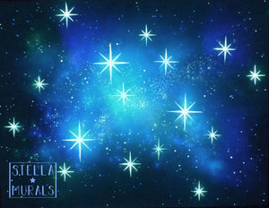 Peel-and-stick wall mural featuring sparkling stars that glow in the dark. 