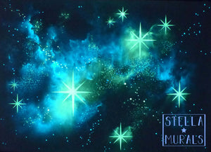 glow in the dark pleiades mural for unique bedroom decor for walls or ceilings. The seven sister star cluster is painted in blues and greens.