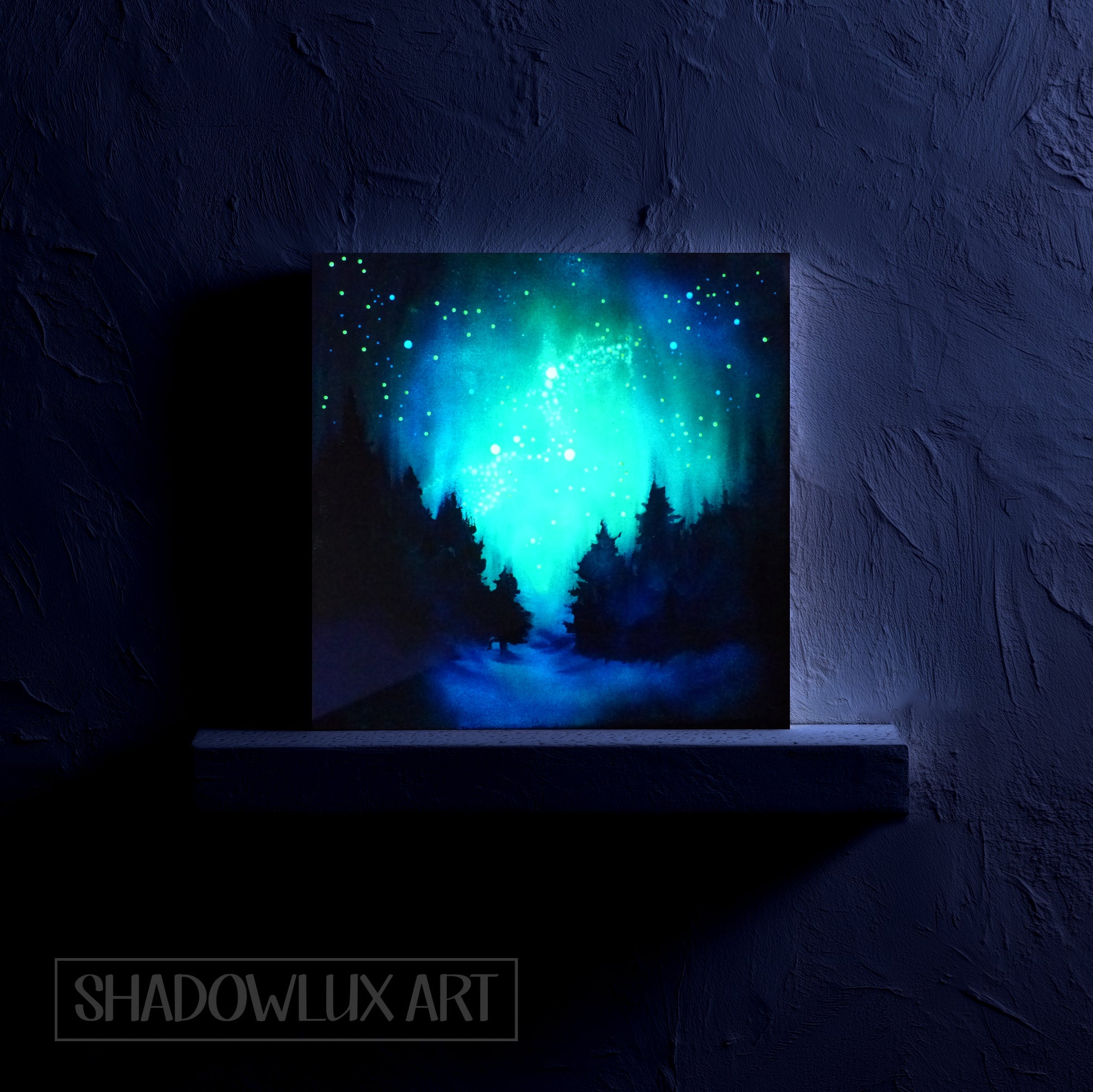 glow in the dark artwork of a forest under a vibrant blue and green sky with stars, displayed on a textured dark wall.