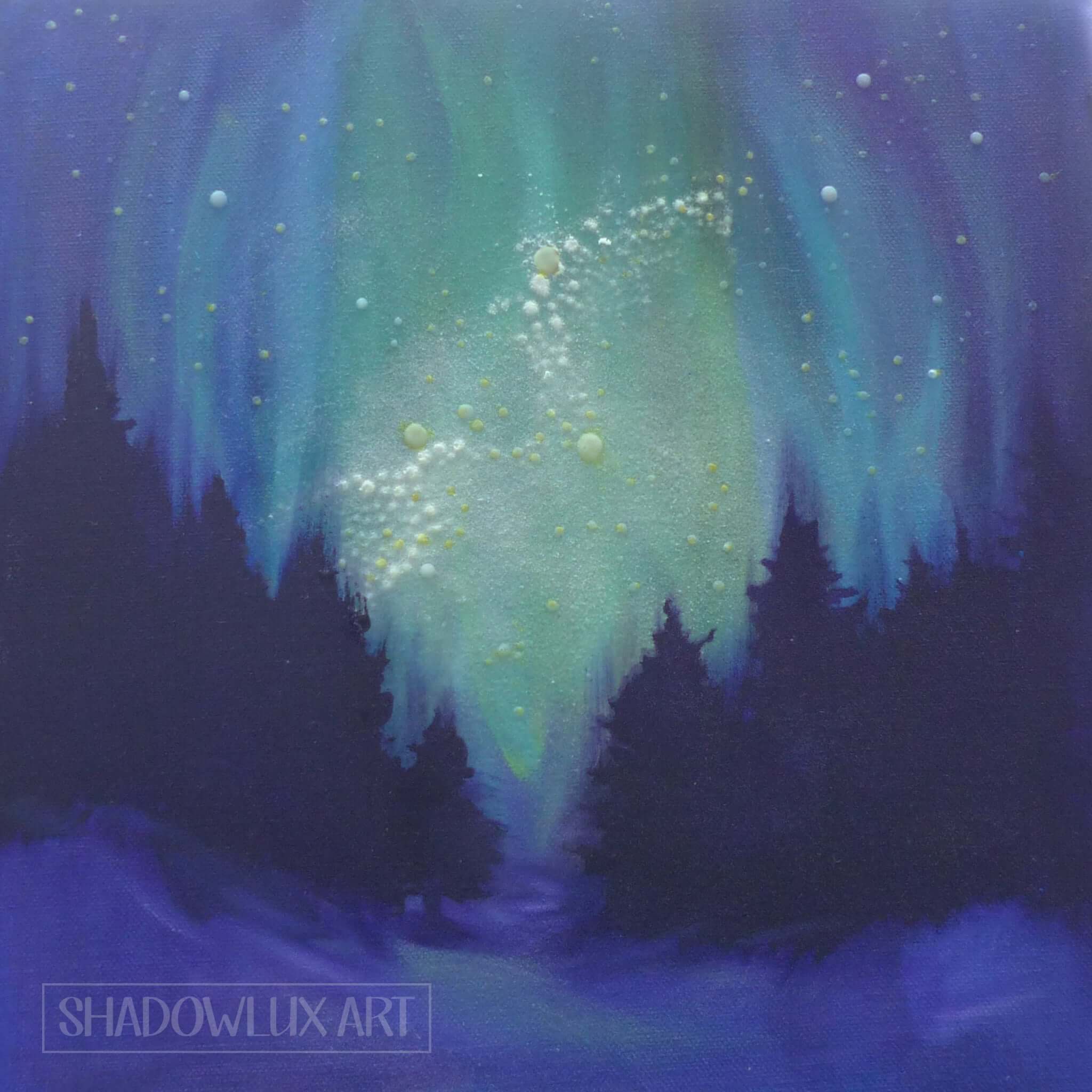 Artistic depiction of the Aurora over a forest with 'Shadowlux Art' branding.