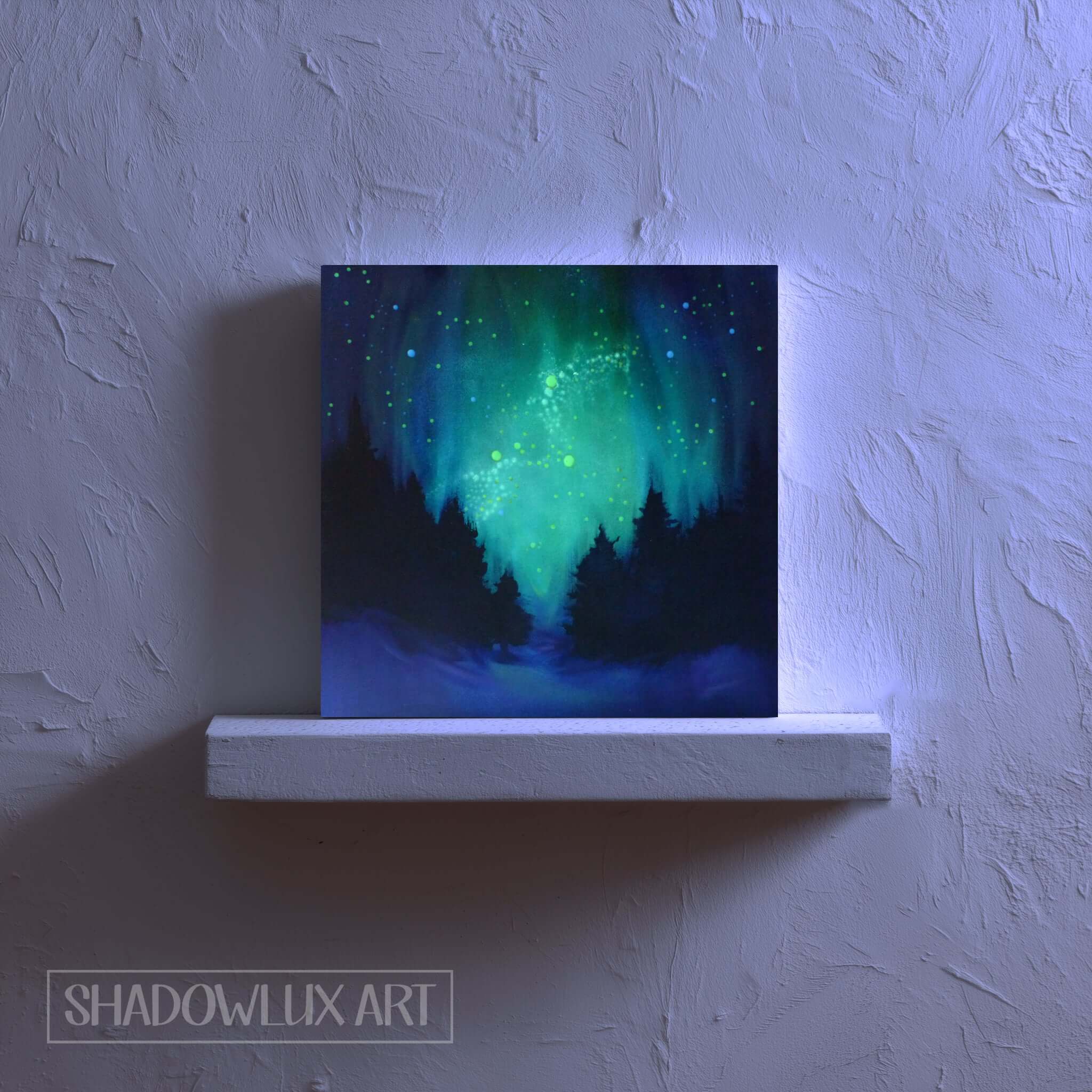 Glow artwork of the Northern Lights on a textured wall with 'Shadowlux Art' branding.