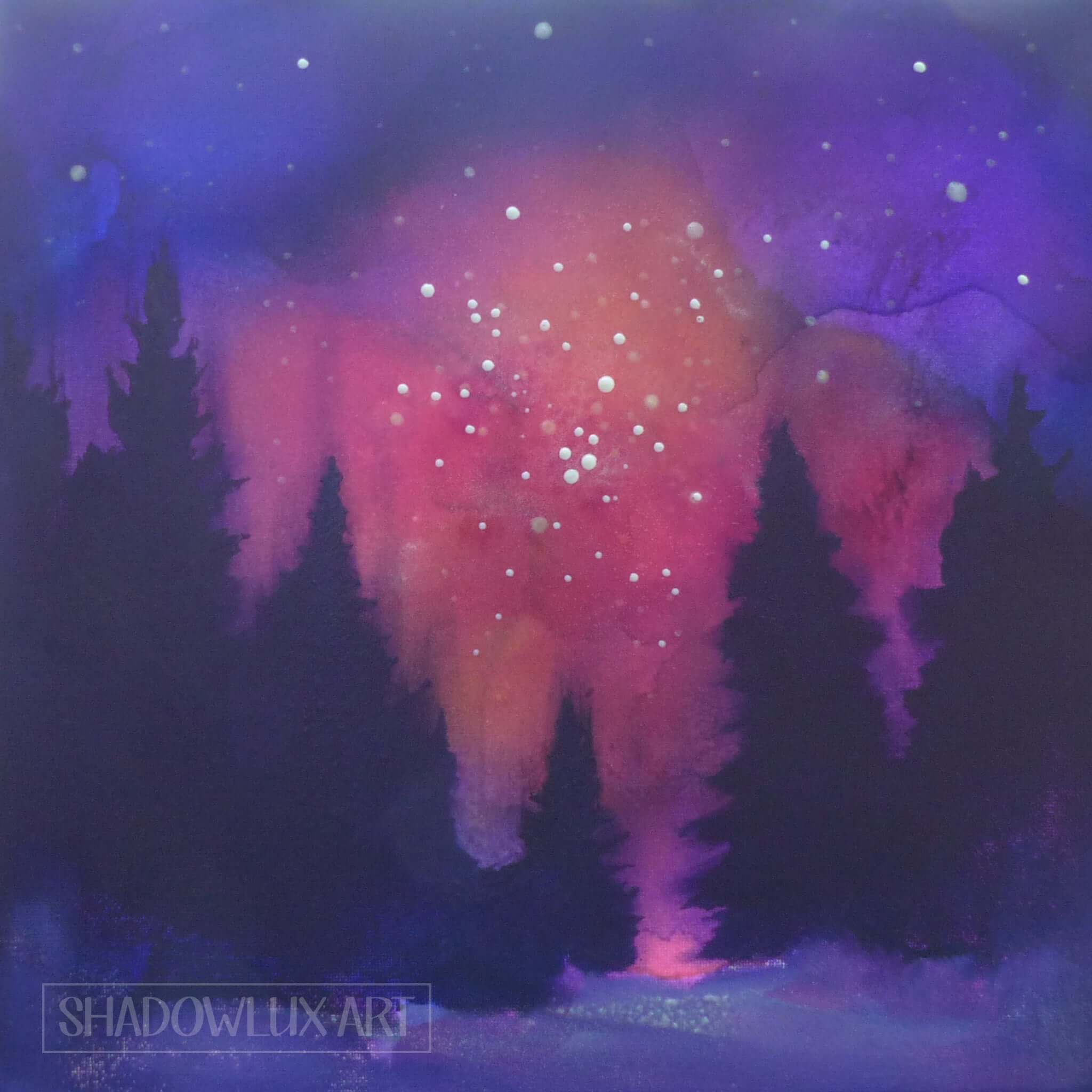 Artistic depiction of a pink sunset in a forest with a colorful glowing sky, labeled 'Shadowlux Art'.