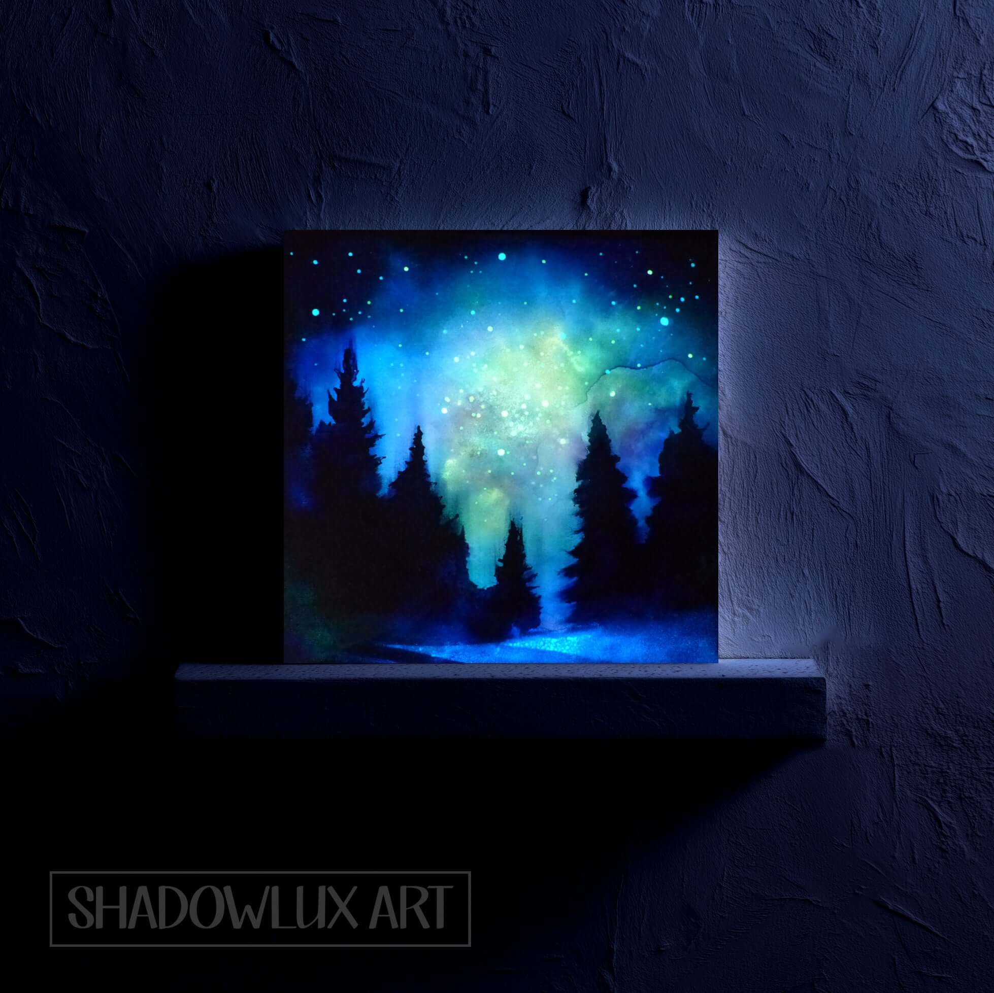 Artistic depiction of a forest with a glowing blue and green light on a textured wall.