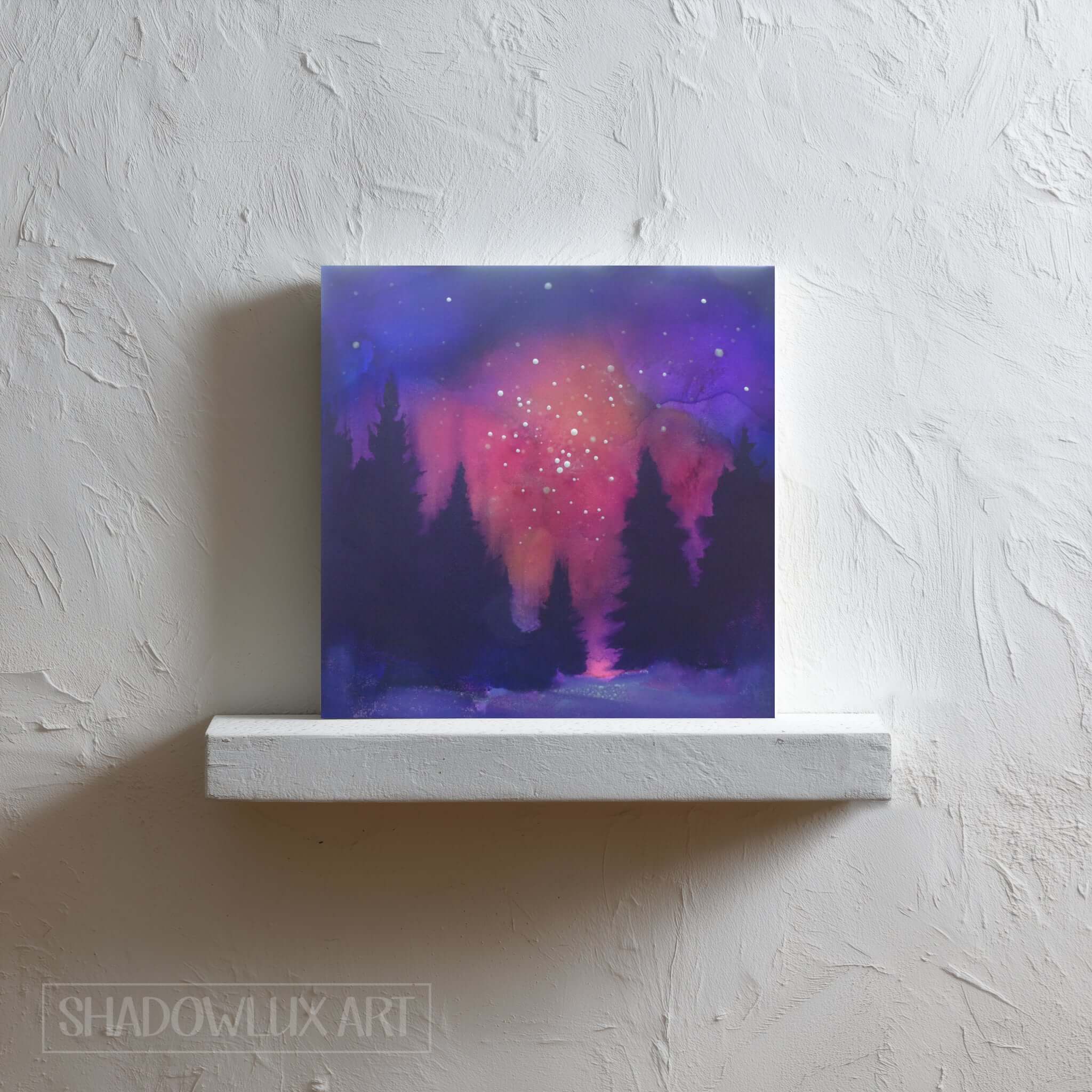 artwork of a colourful glow in the dark sunset in a forest on a textured wall.