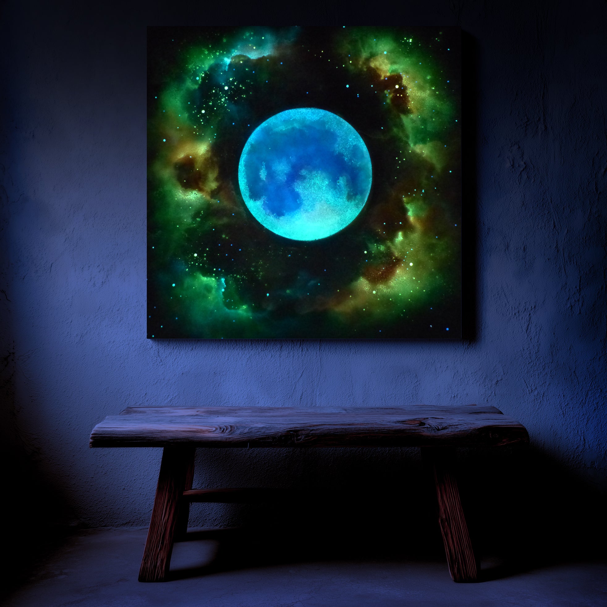 space-themed glow in the dark artwork with a blue moon and green nebula on a dark wall above a wooden bench.