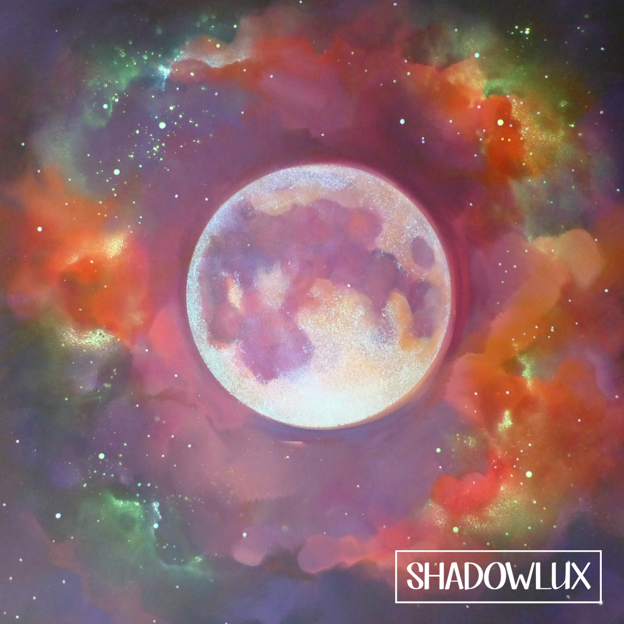 Colorful glowing UV paint nebula with a moon-like object in the center and 'SHADOWLUX' branding.