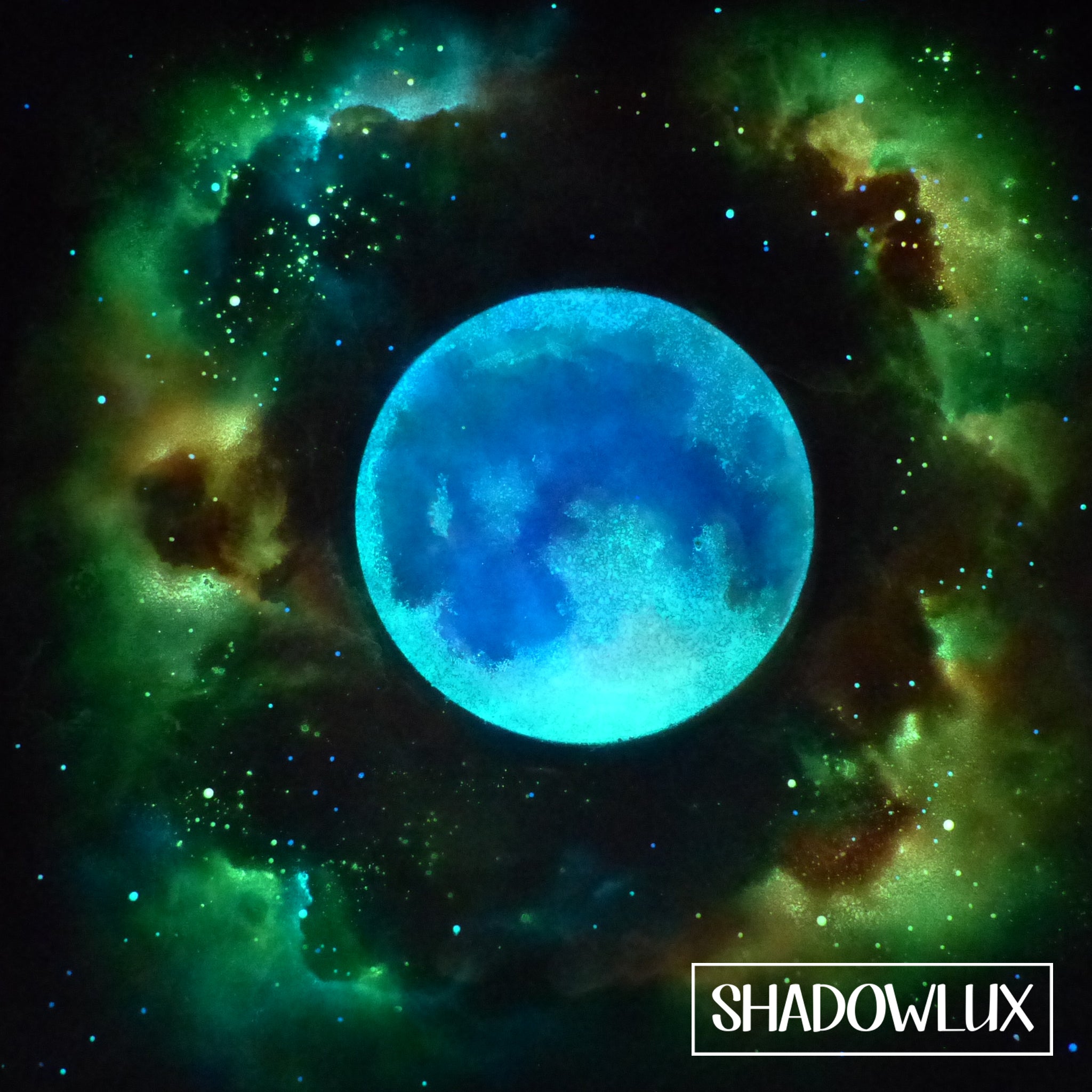 glow in the dark  red moon in a starry space background with 'SHADOWLUX' branding.