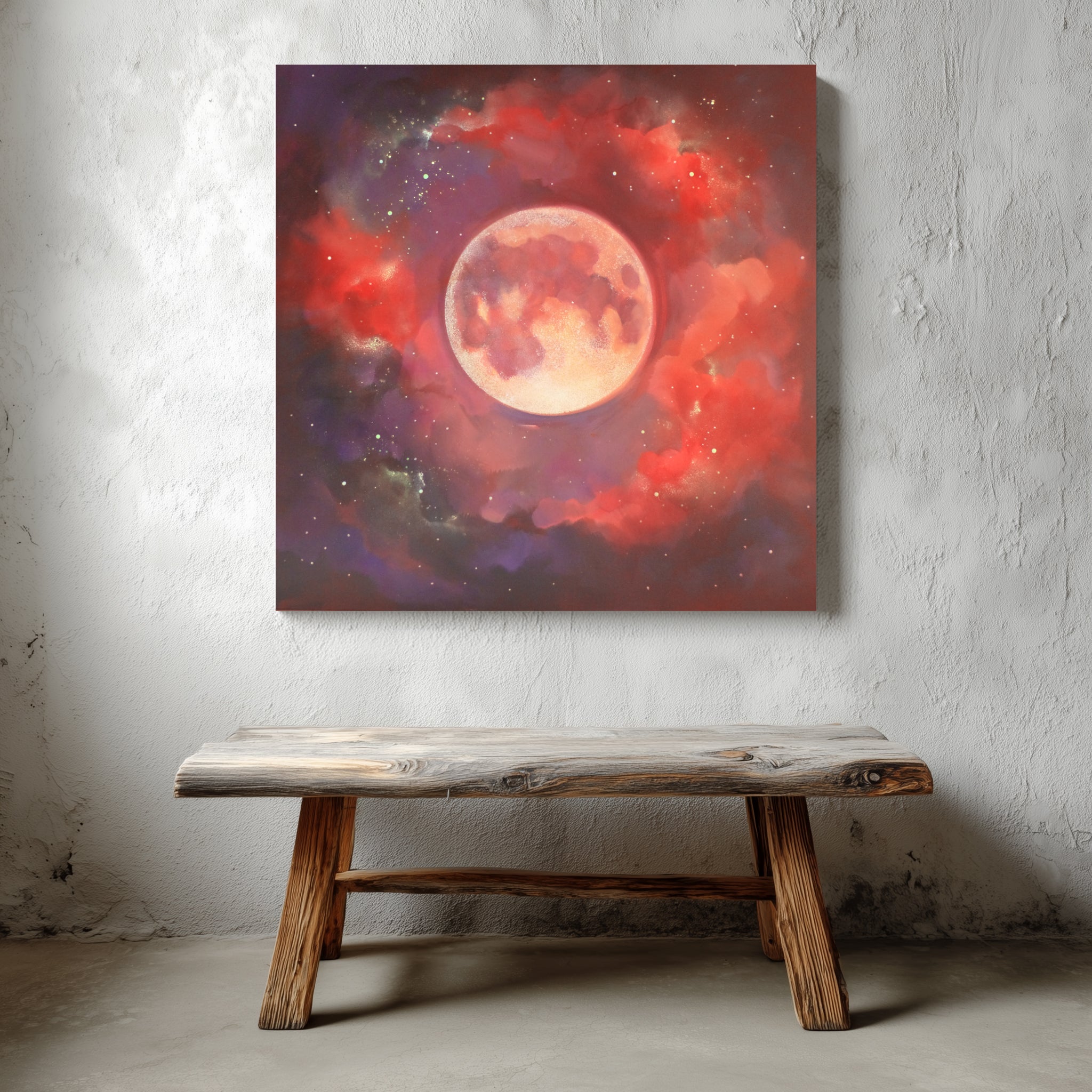Red glow in the dark moon painting of a celestial scene with red nebulae on a textured wall above a wooden bench.