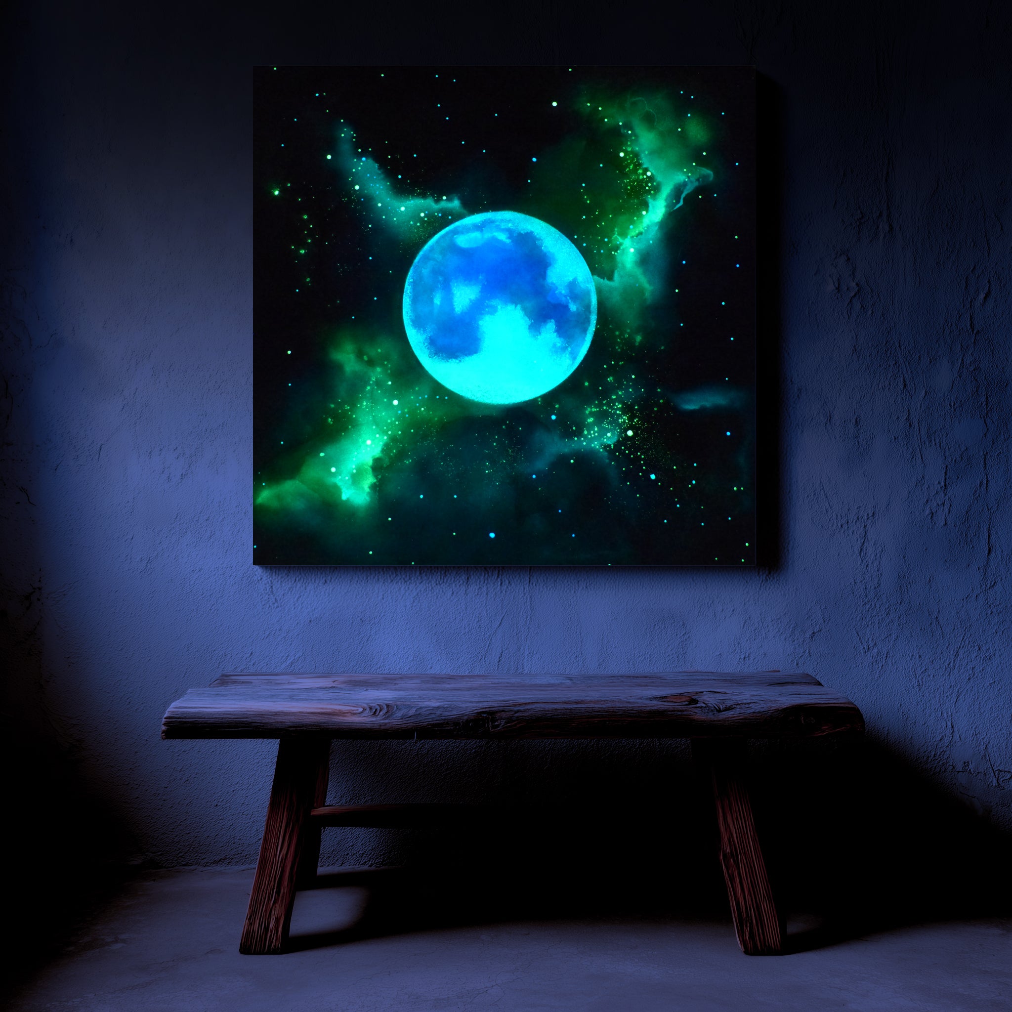  green glow moon artwork on a dark wall with a wooden bench below.