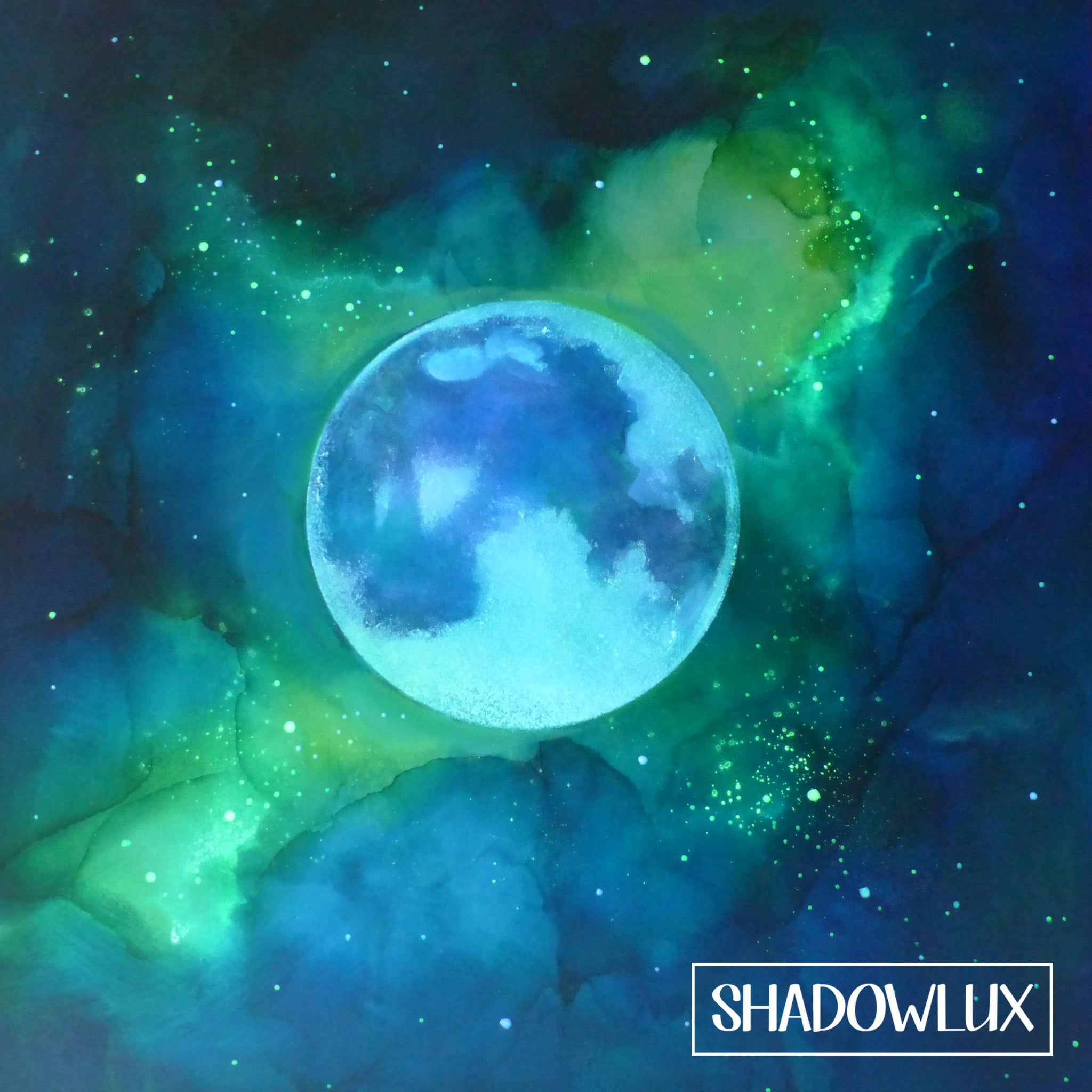 green glowing moon painting with intense coloured UV charged paint with 'SHADOWLUX' branding.