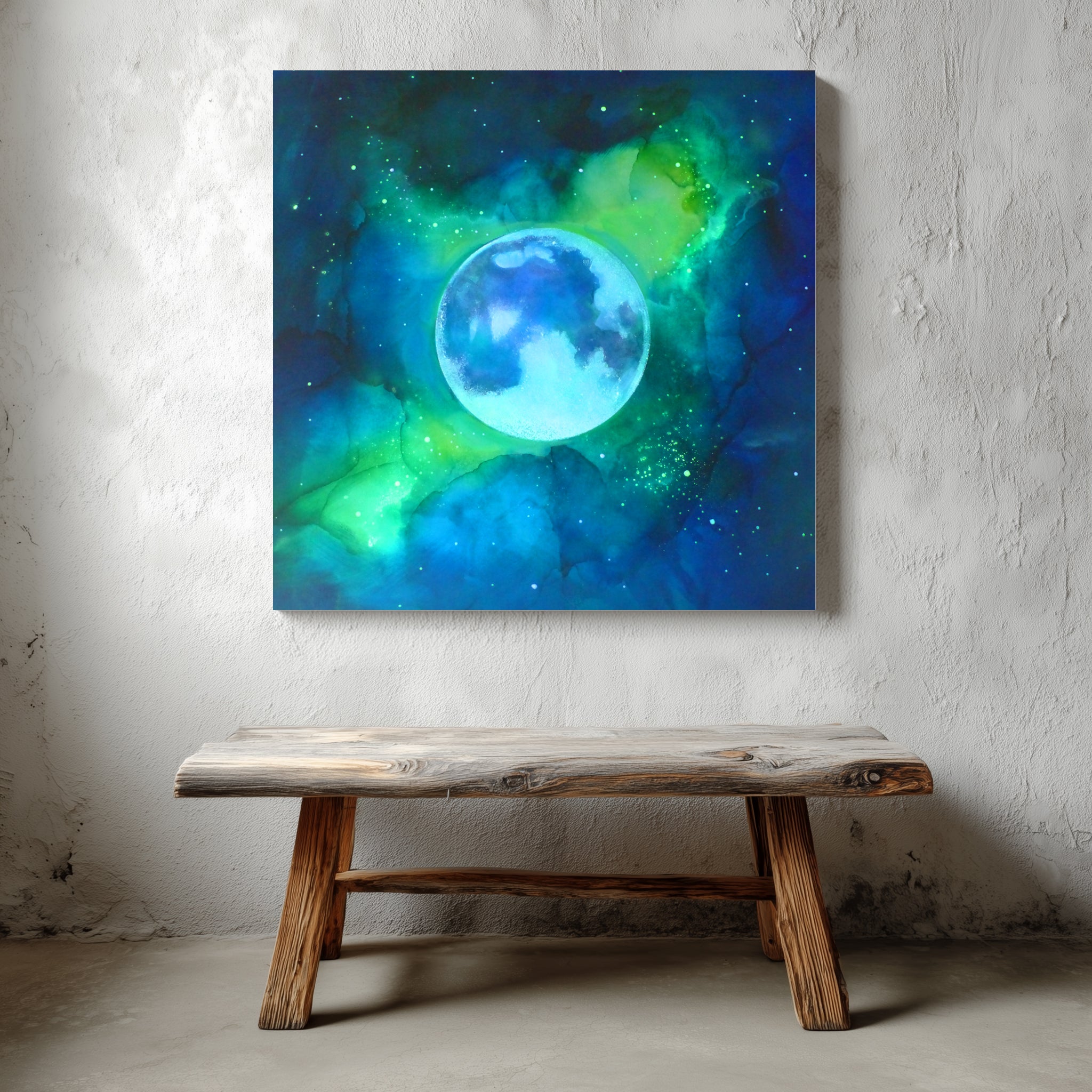 green glowing moon painting on a textured wall above a wooden bench.