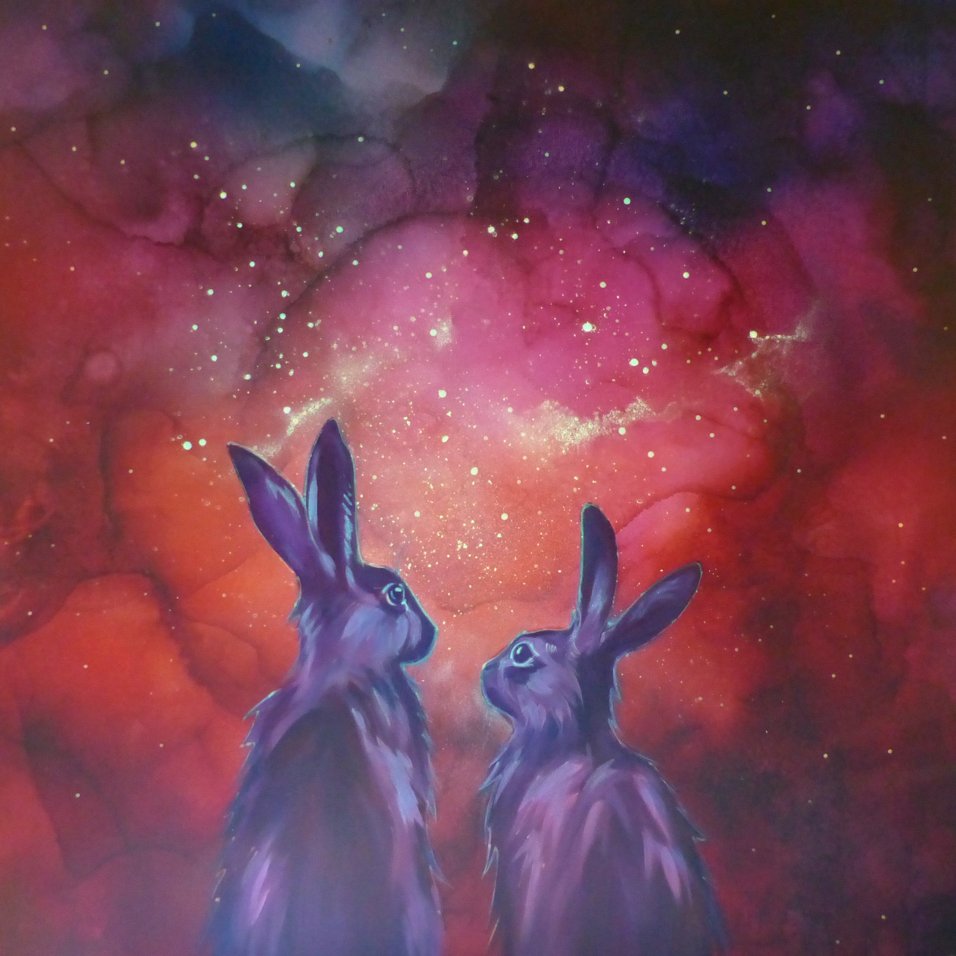 Two rabbits gazing at a vibrant nebula in space glow artwork 