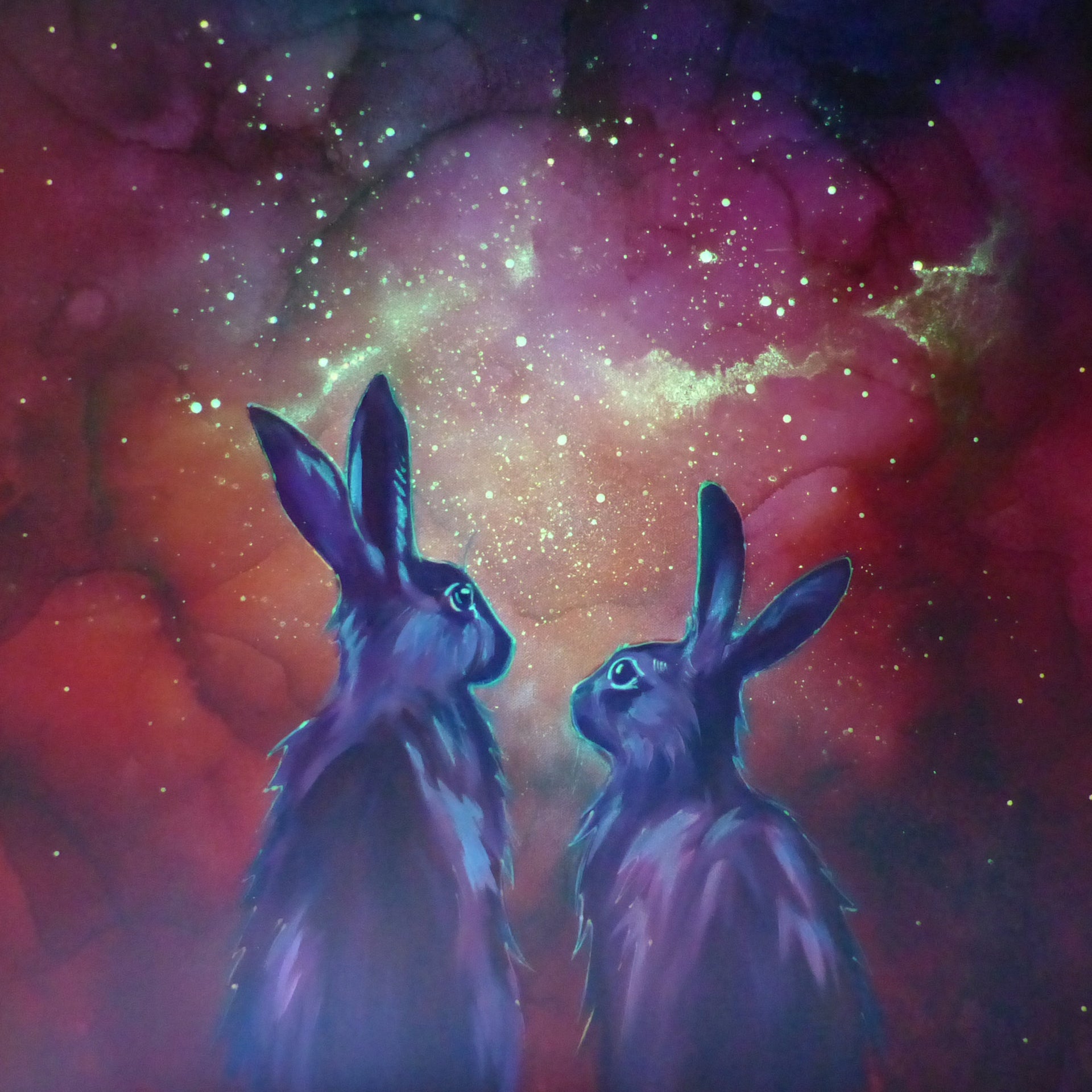 Two rabbits against a cosmic background with vibrant glow in the dark colors