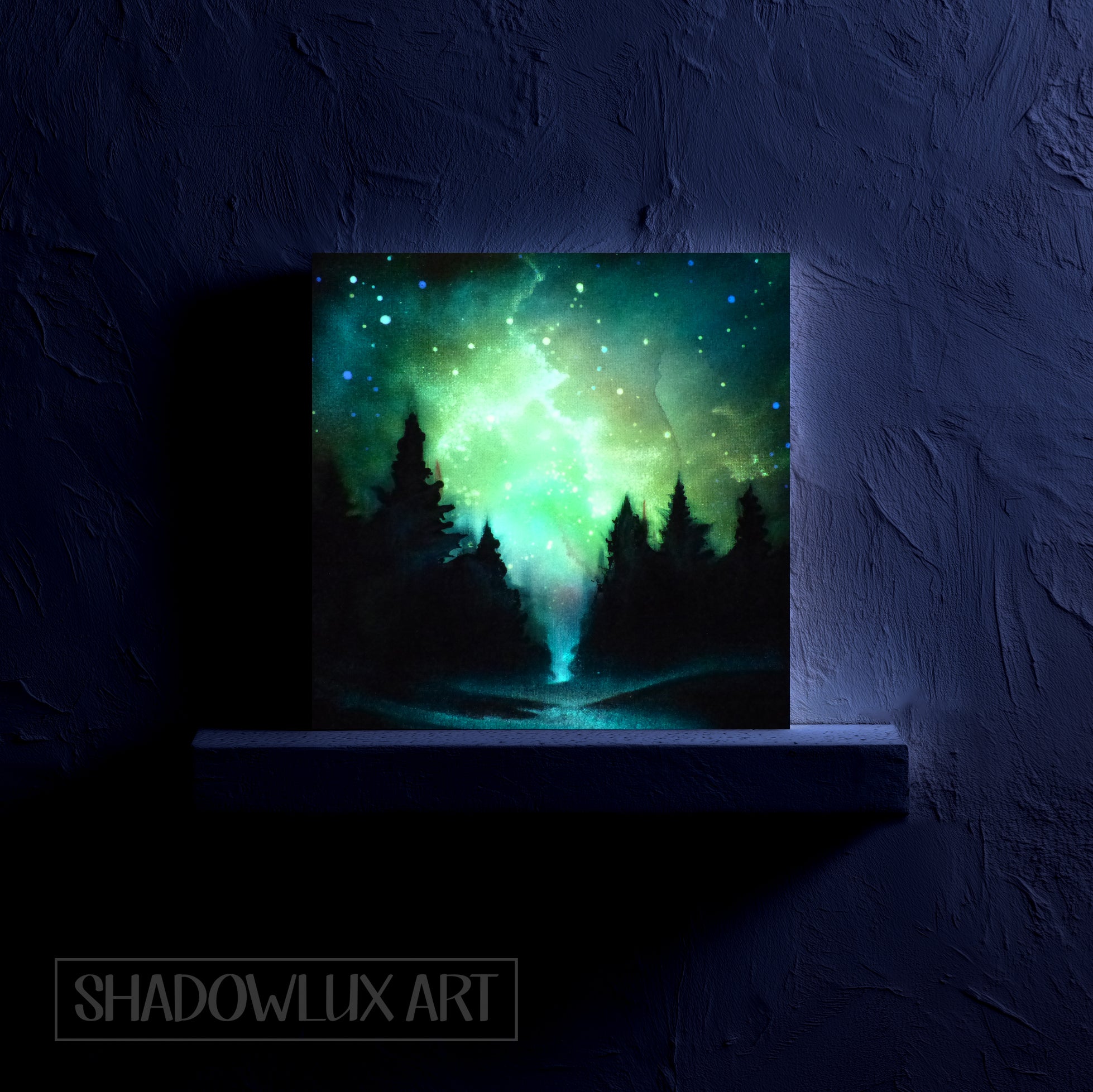 glow in the dark nebula over forest trees artwork on a shelf 
