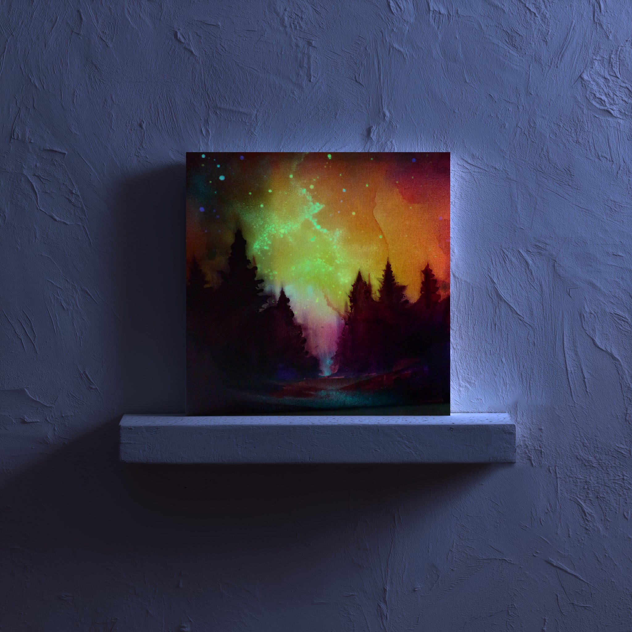 glow painting of a colorful forest scene with a vibrant sky on a textured wall.