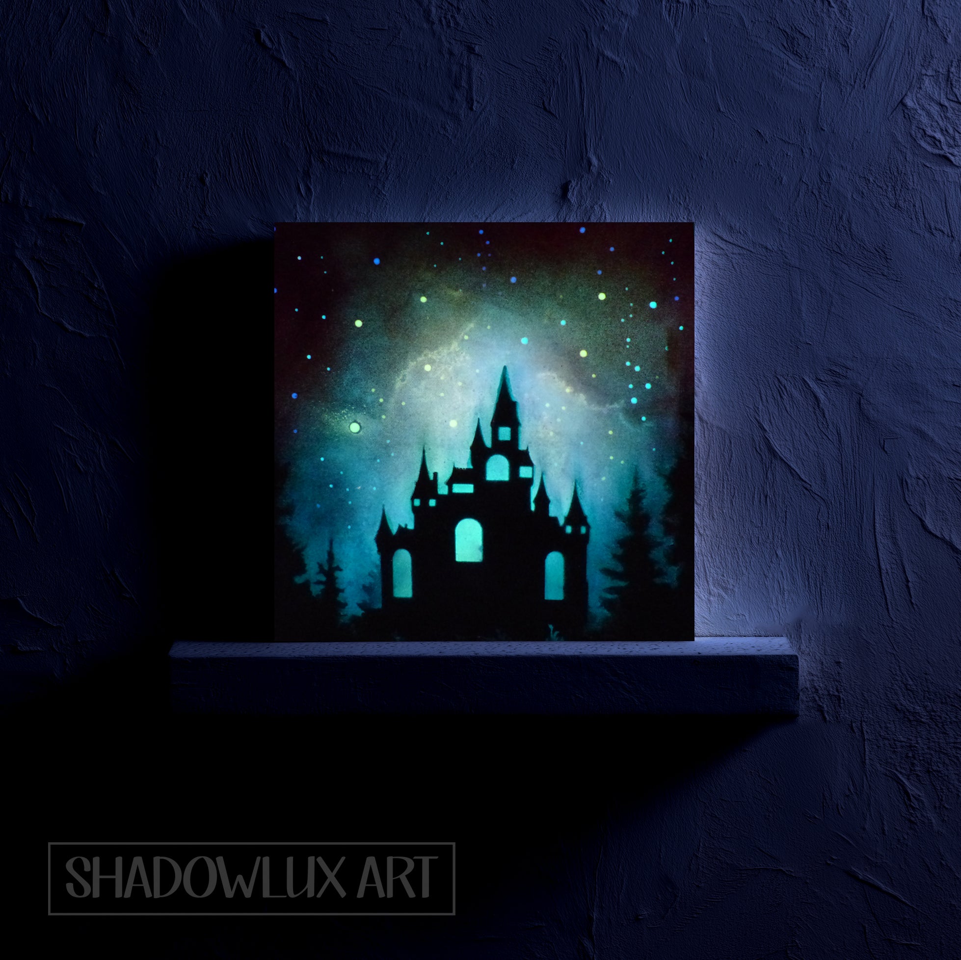 Glowing in the dark  artwork of a castle silhouette with glowing blue accents against a dark background, credited to Shadowlux Art.