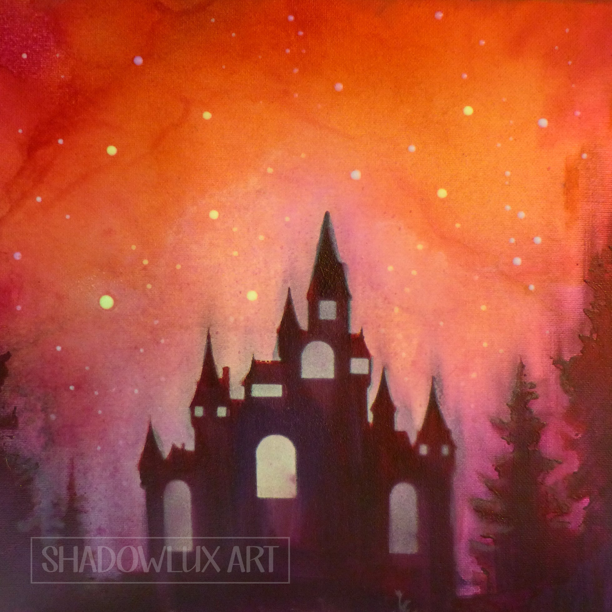 Silhouette of a castle against an orange and pink gradient sky with 'Shadowlux Art' branding.