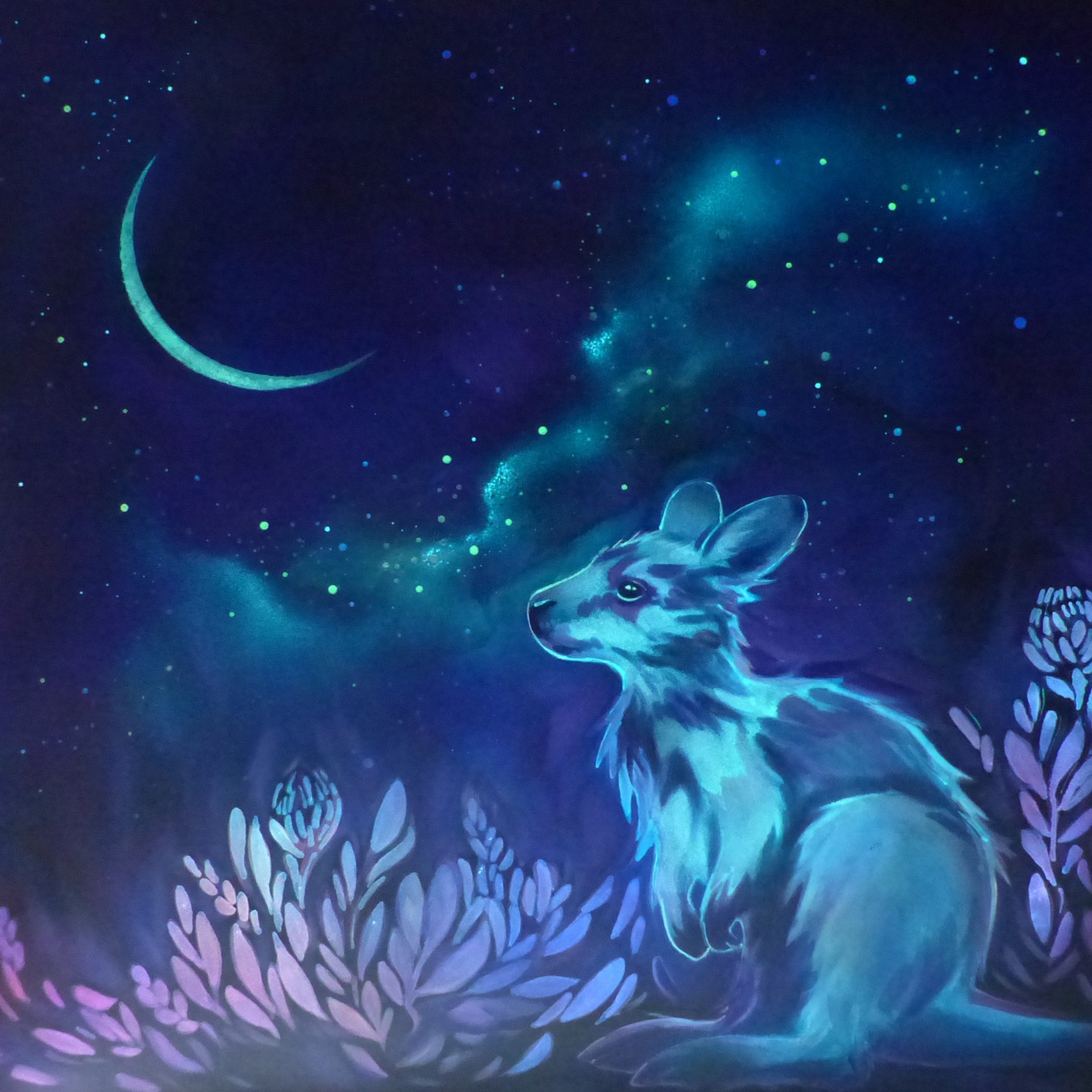 glow in the dark kangaroo in a starry night sky with a crescent moon
