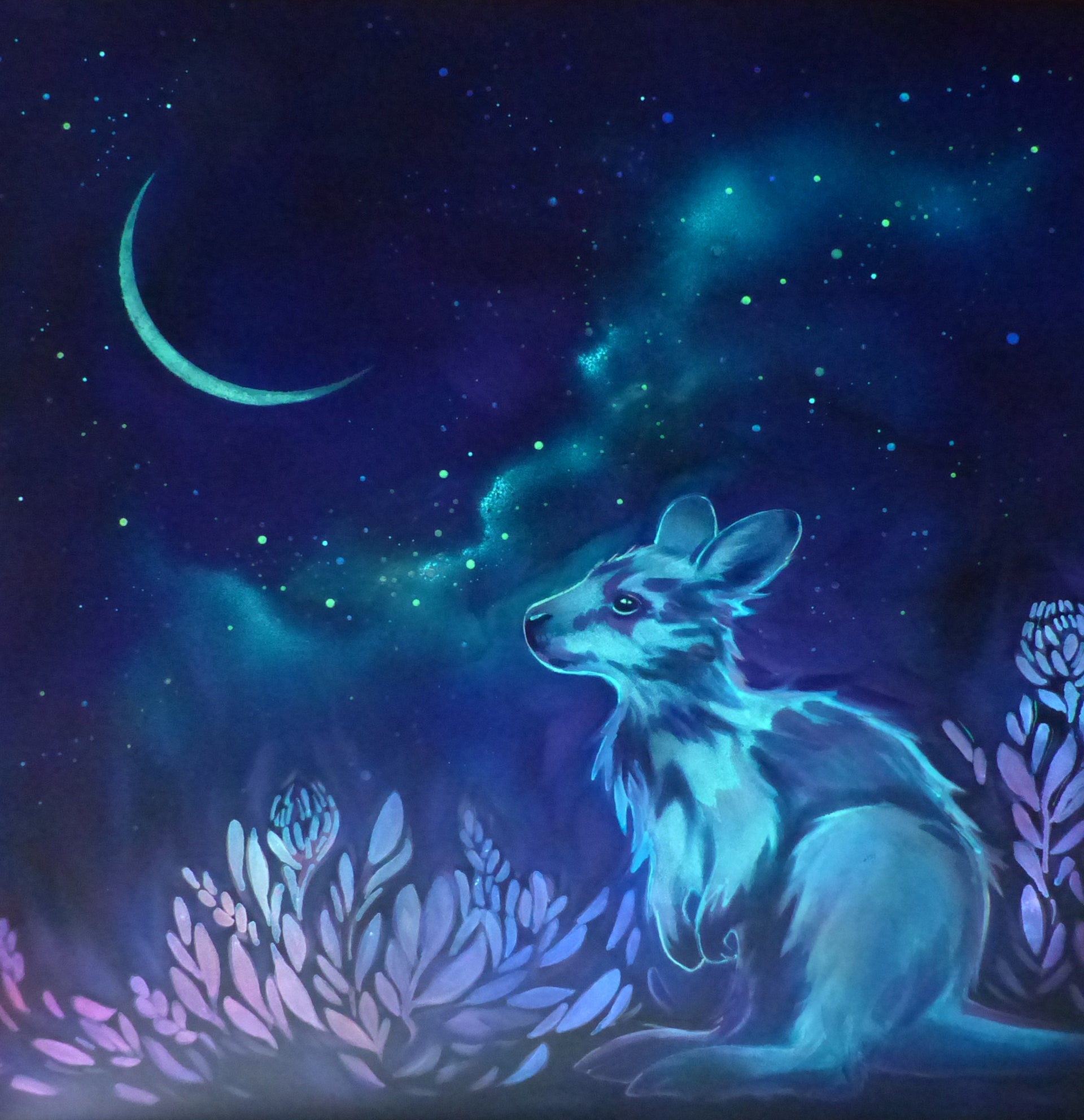 glow in the dark kangaroo in a starry night sky with a crescent moon
