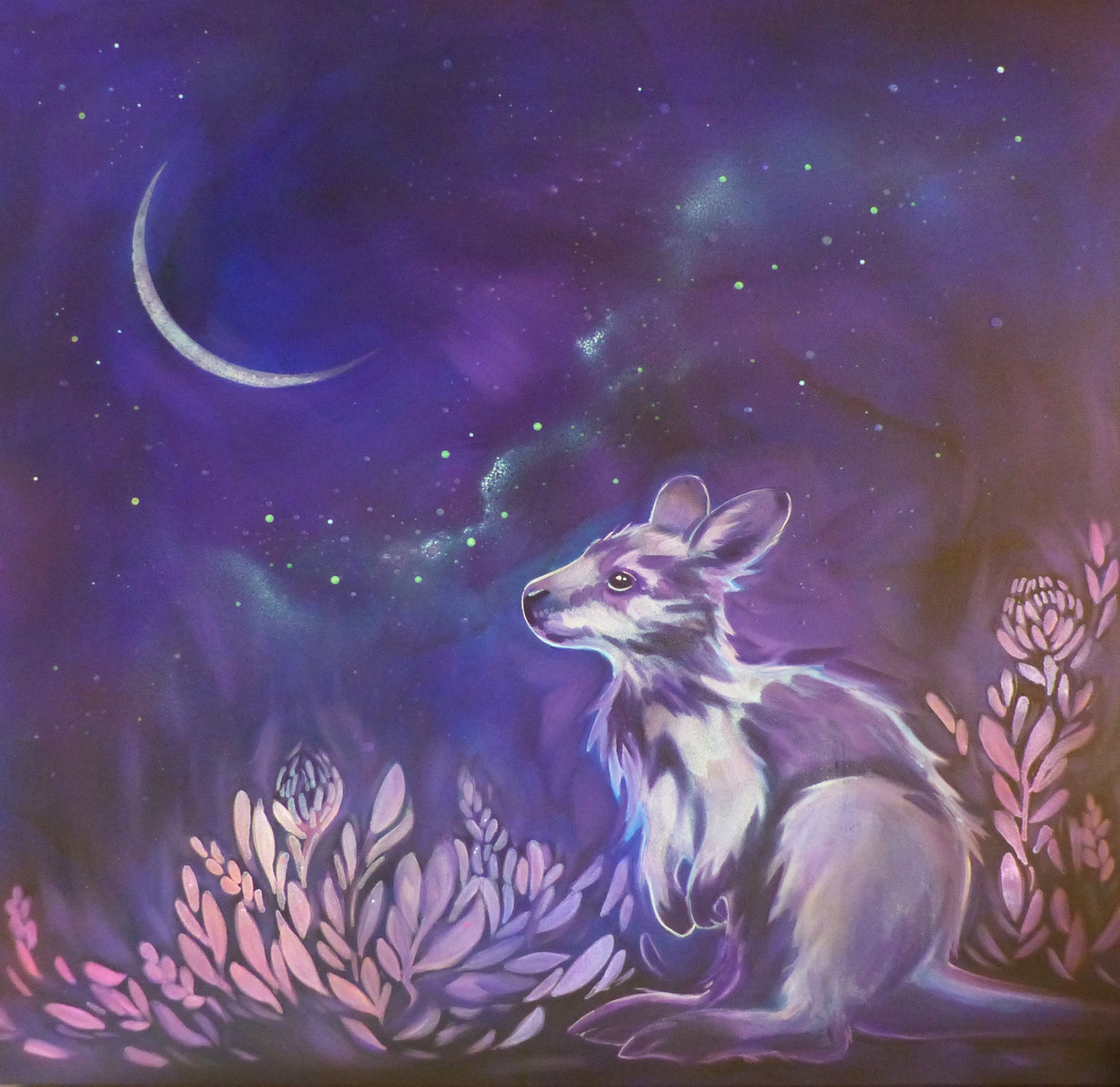Glow in the dark Kangaroo and australian landscape with a starry sky and crescent moon.