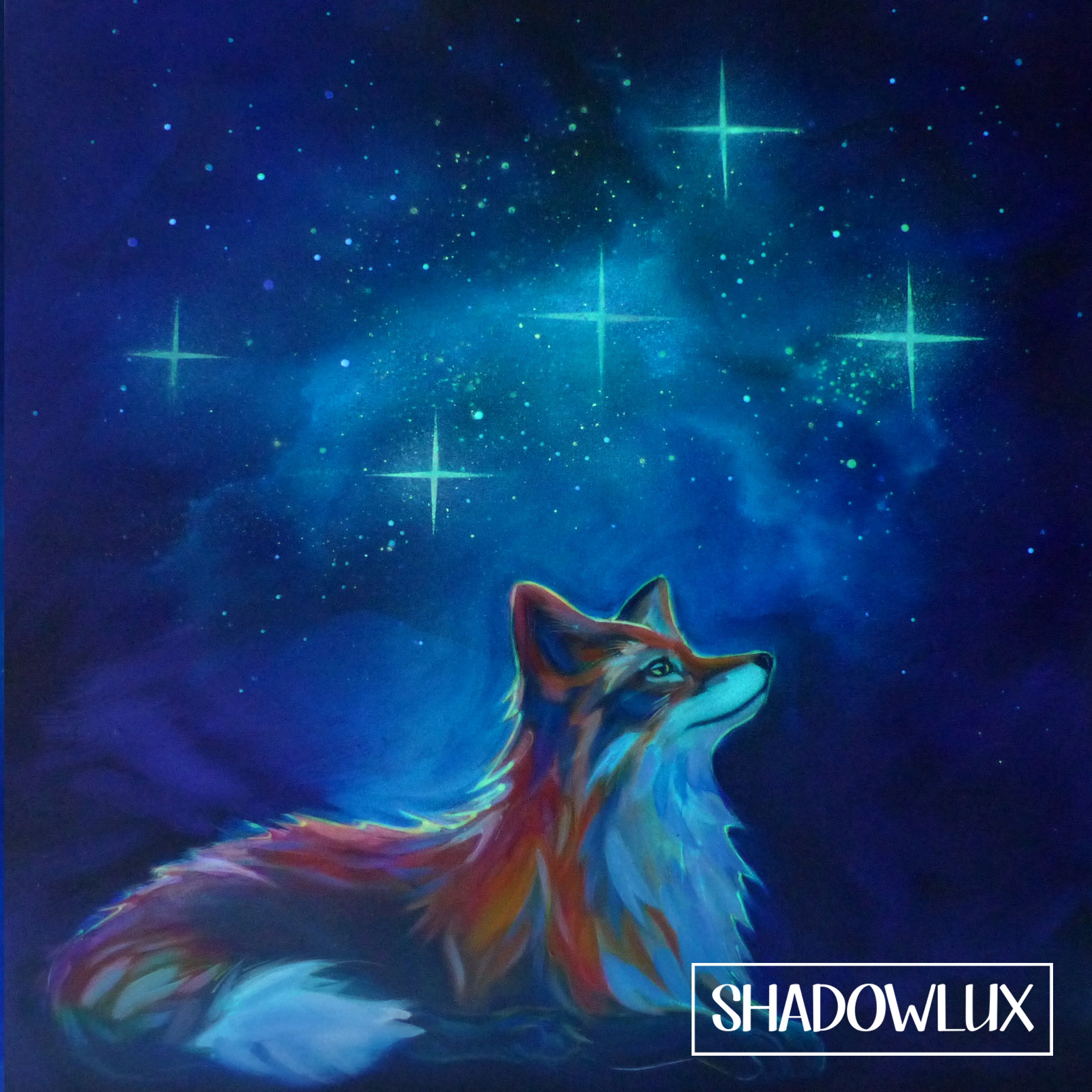Colorful fox under a starry night sky with 'SHADOWLUX' branding. glow in the dark paint. 