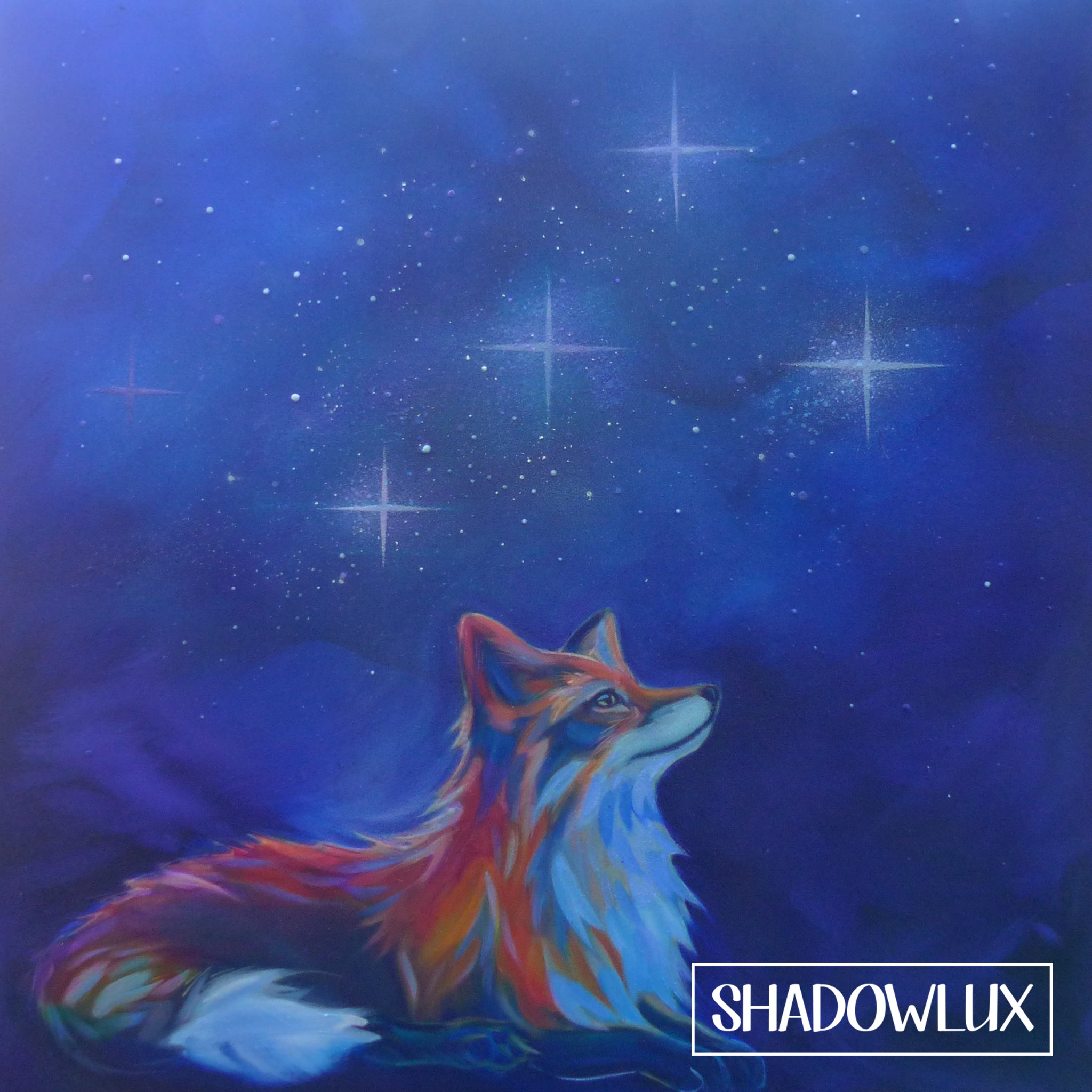 Colorful fox painting under a starry night sky with 'SHADOWLUX' branding.