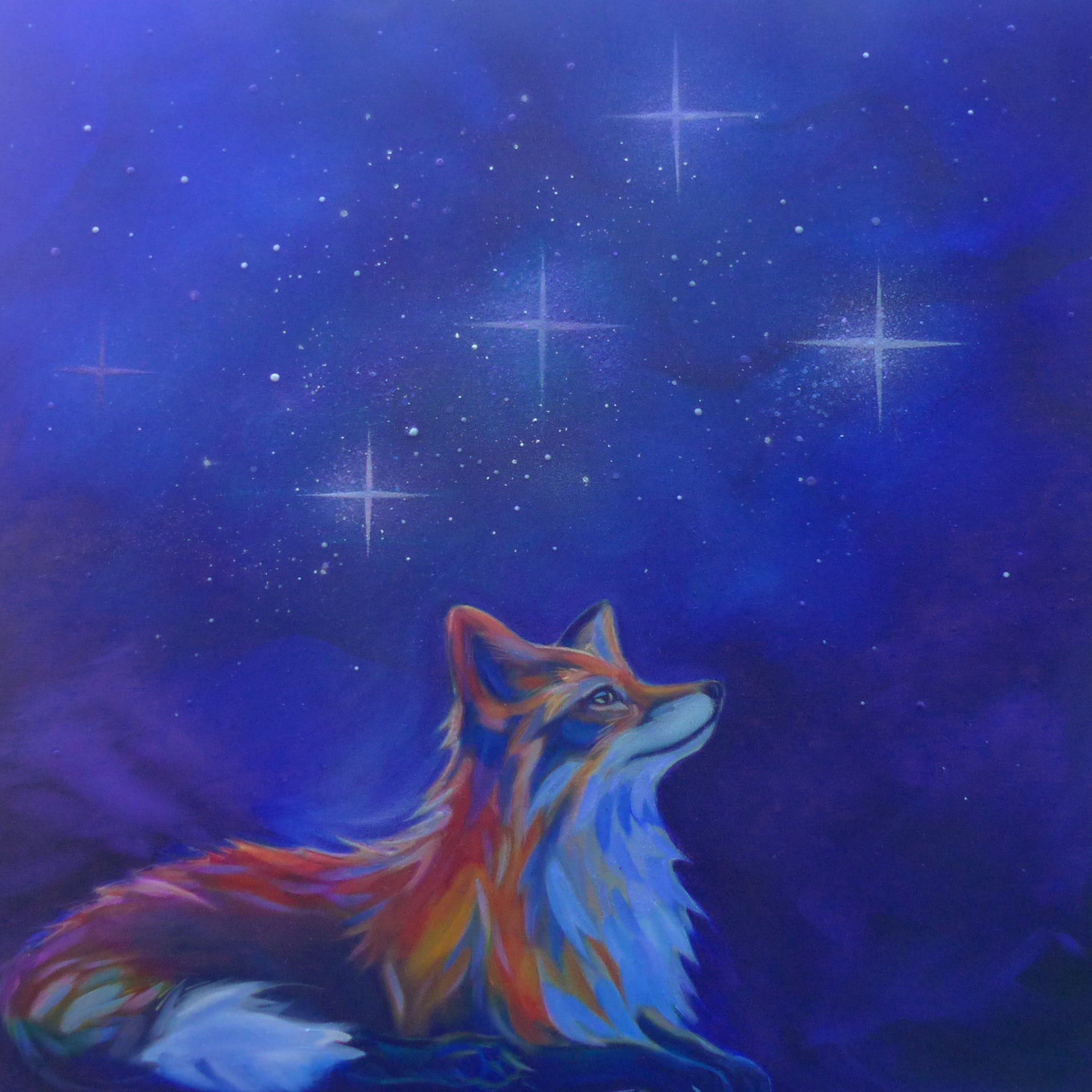 Colorful fox glow painting against a starry night sky