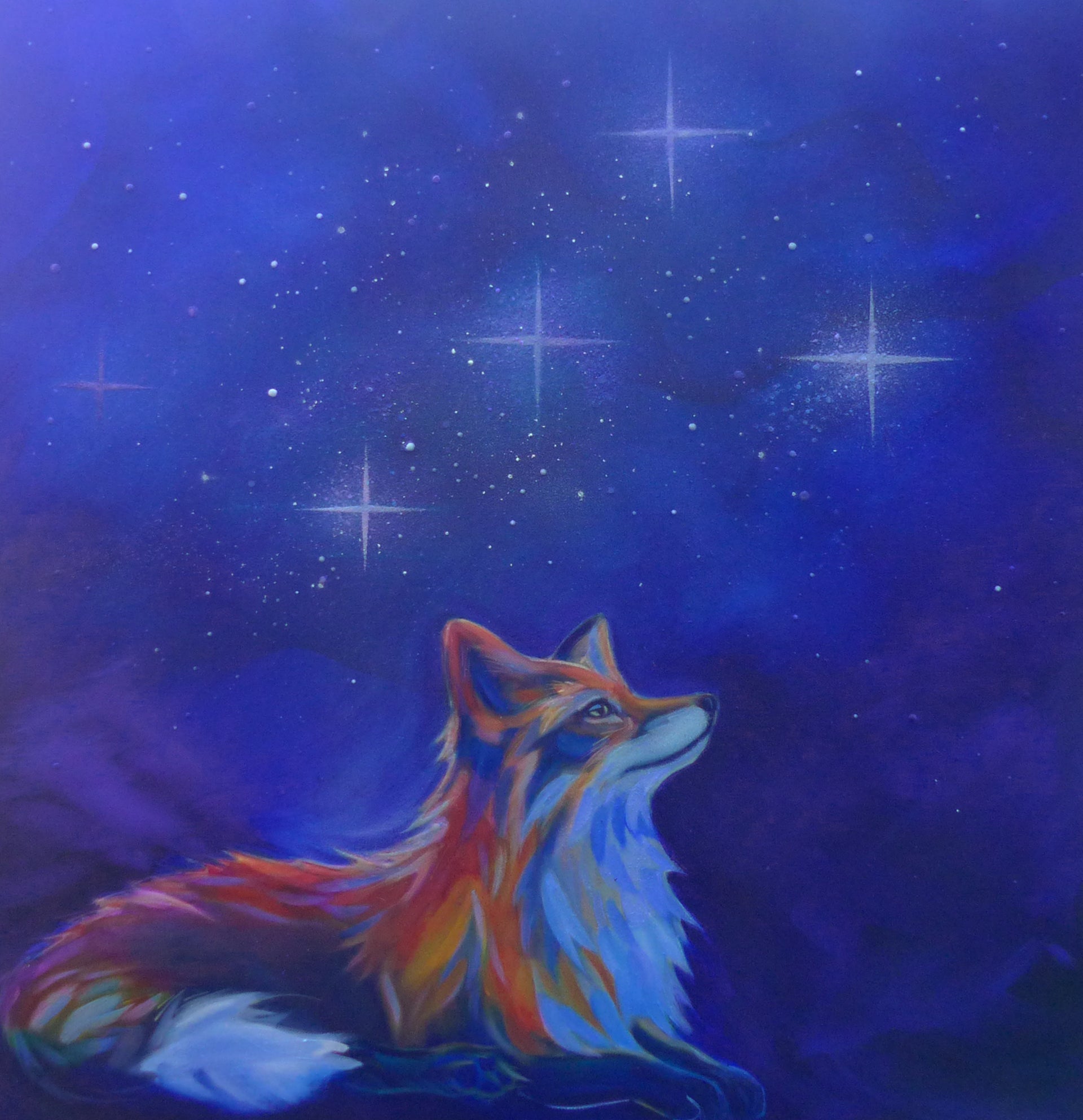 Colorful fox glow painting against a starry night sky