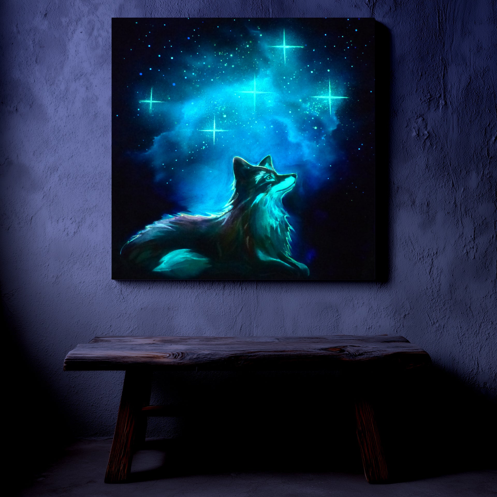 glow artwork of a fox against a starry night sky on a textured wall.