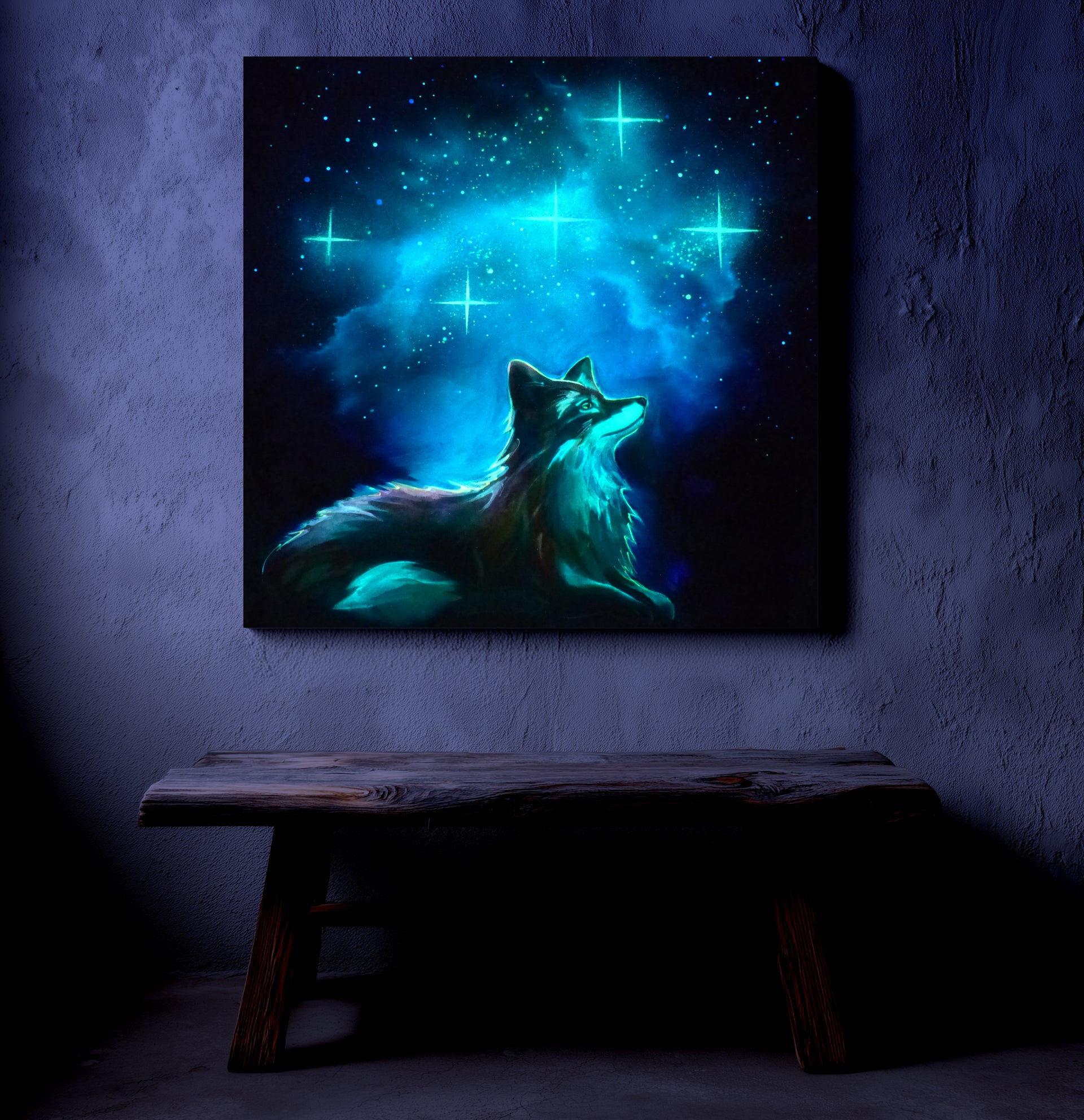 glow artwork of a fox against a starry night sky on a textured wall.