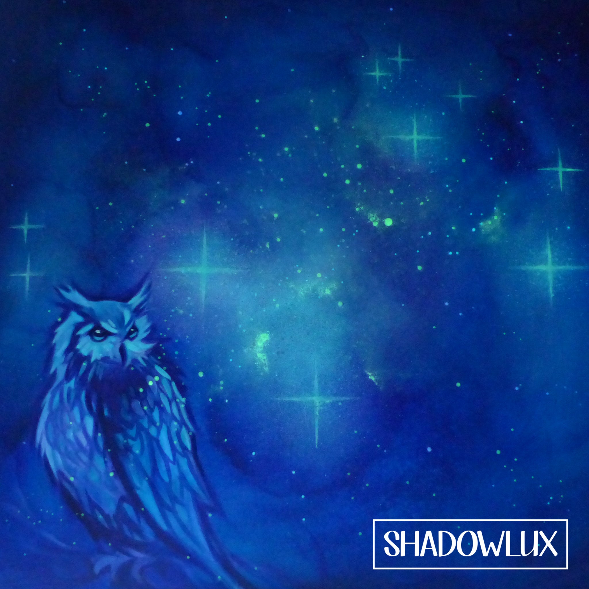 Blue owl against a starry night sky with 'Shadowlux' branding