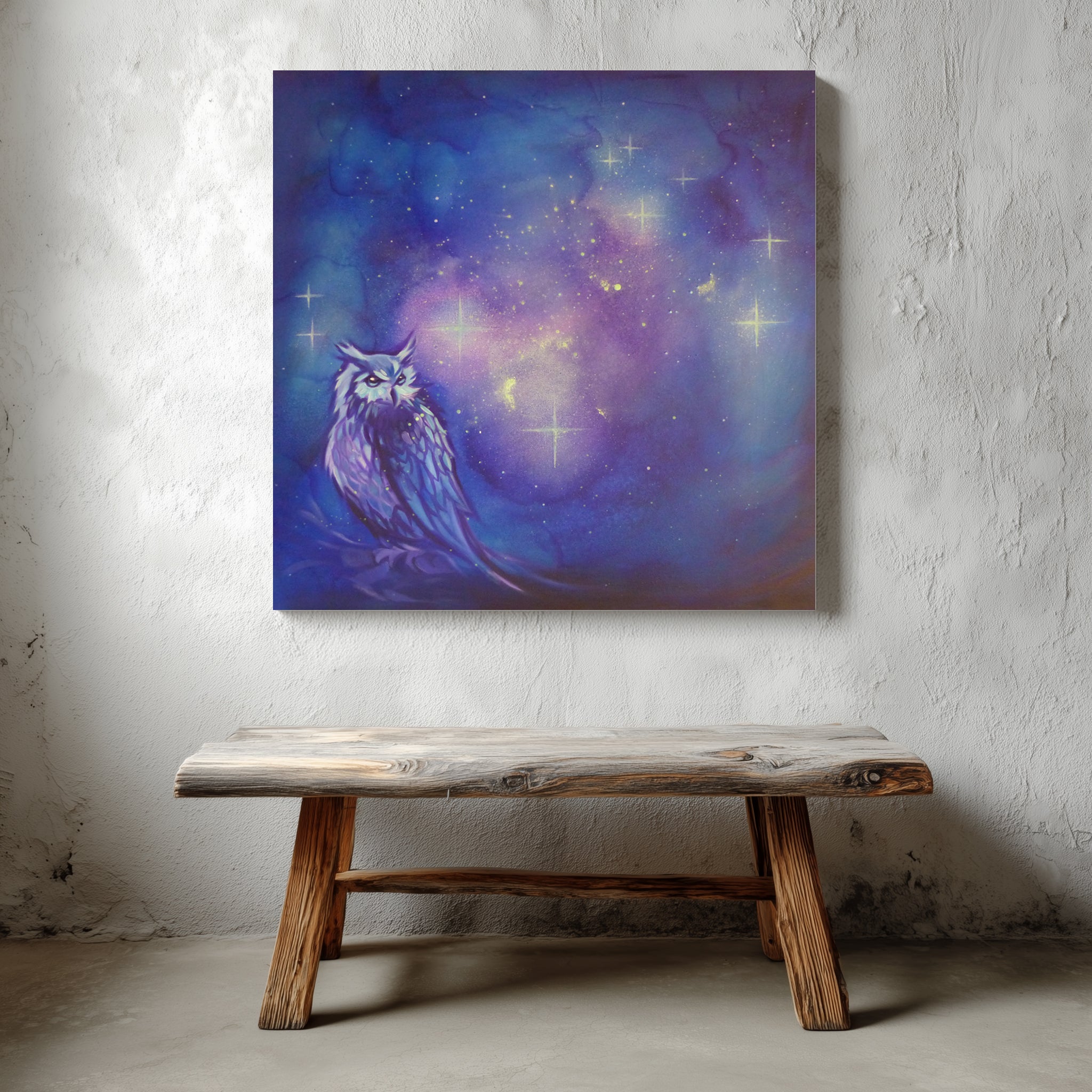Painting of a glow in the dark owl in a starry night sky above a wooden bench.