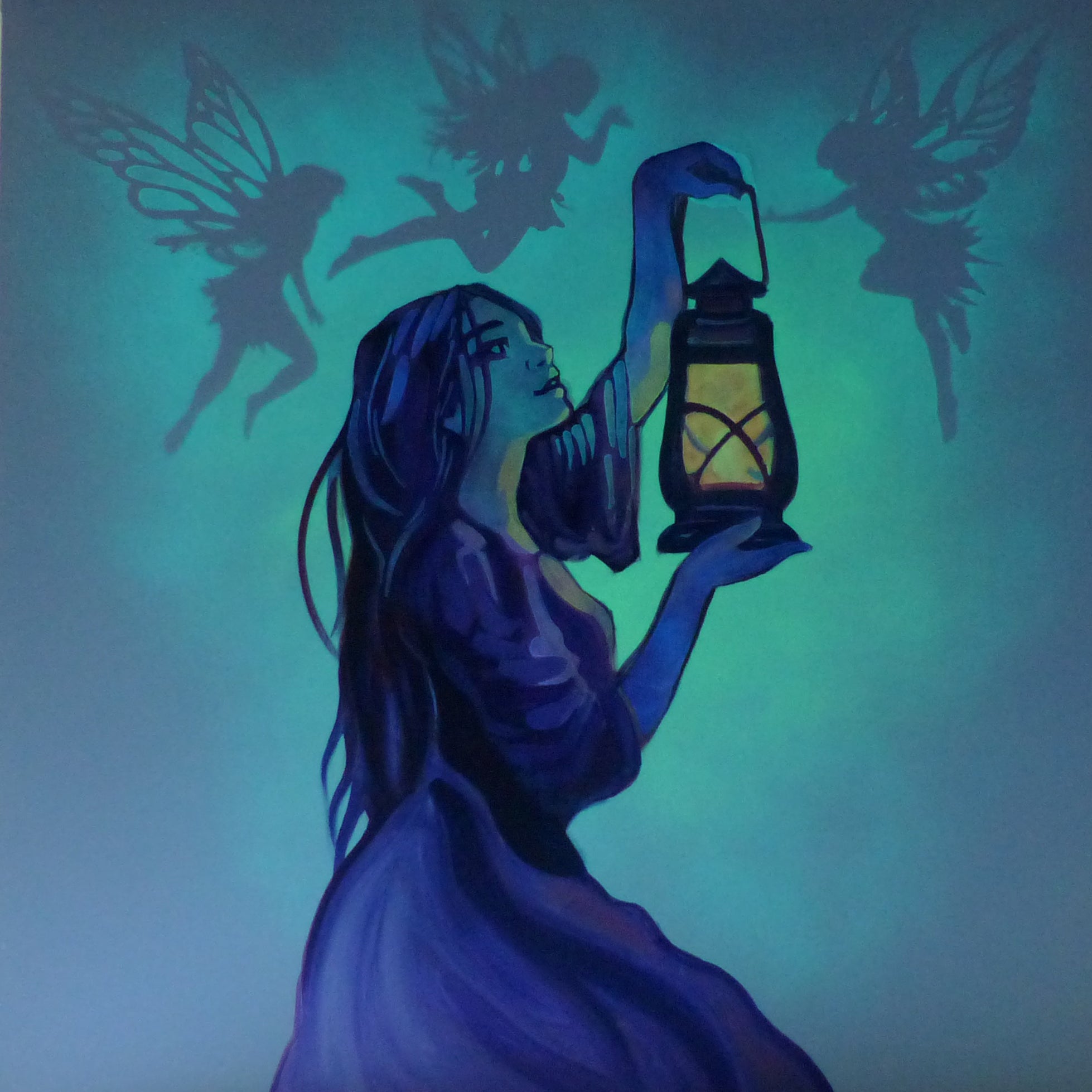glow in the dark painting with girl, lantern and fairies 