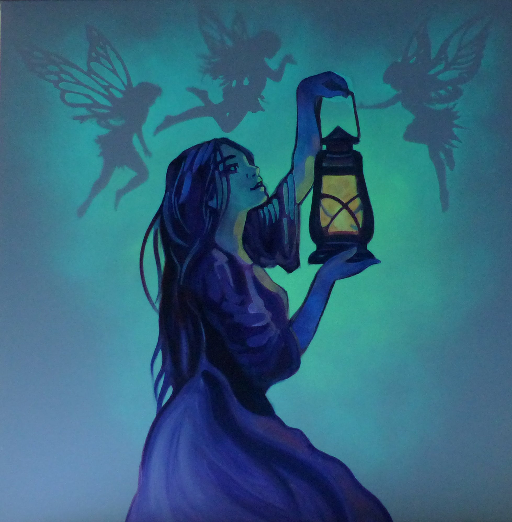 glow in the dark painting with girl, lantern and fairies 