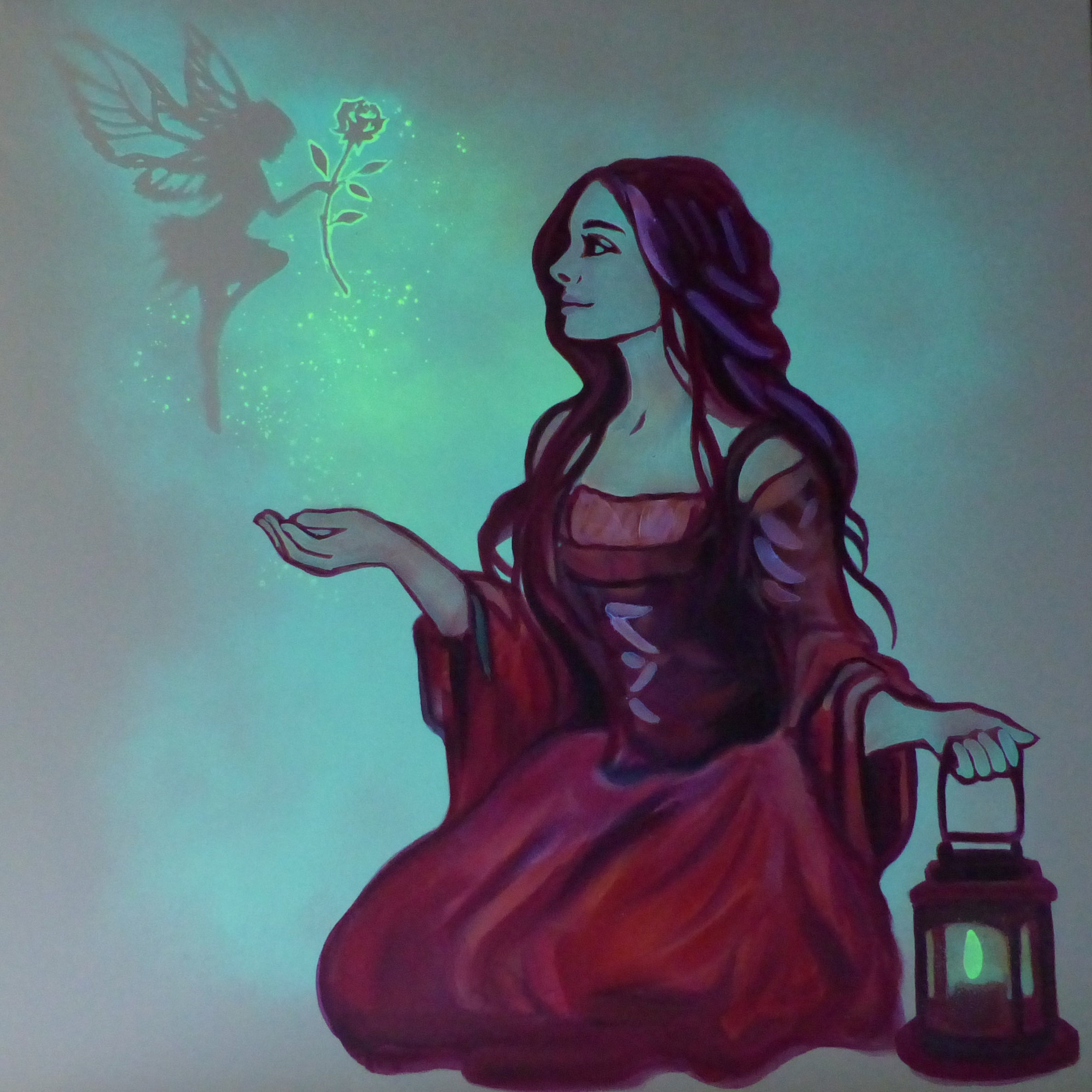 glow in the dark fairies painting , hidden secrets appearing in the dark
