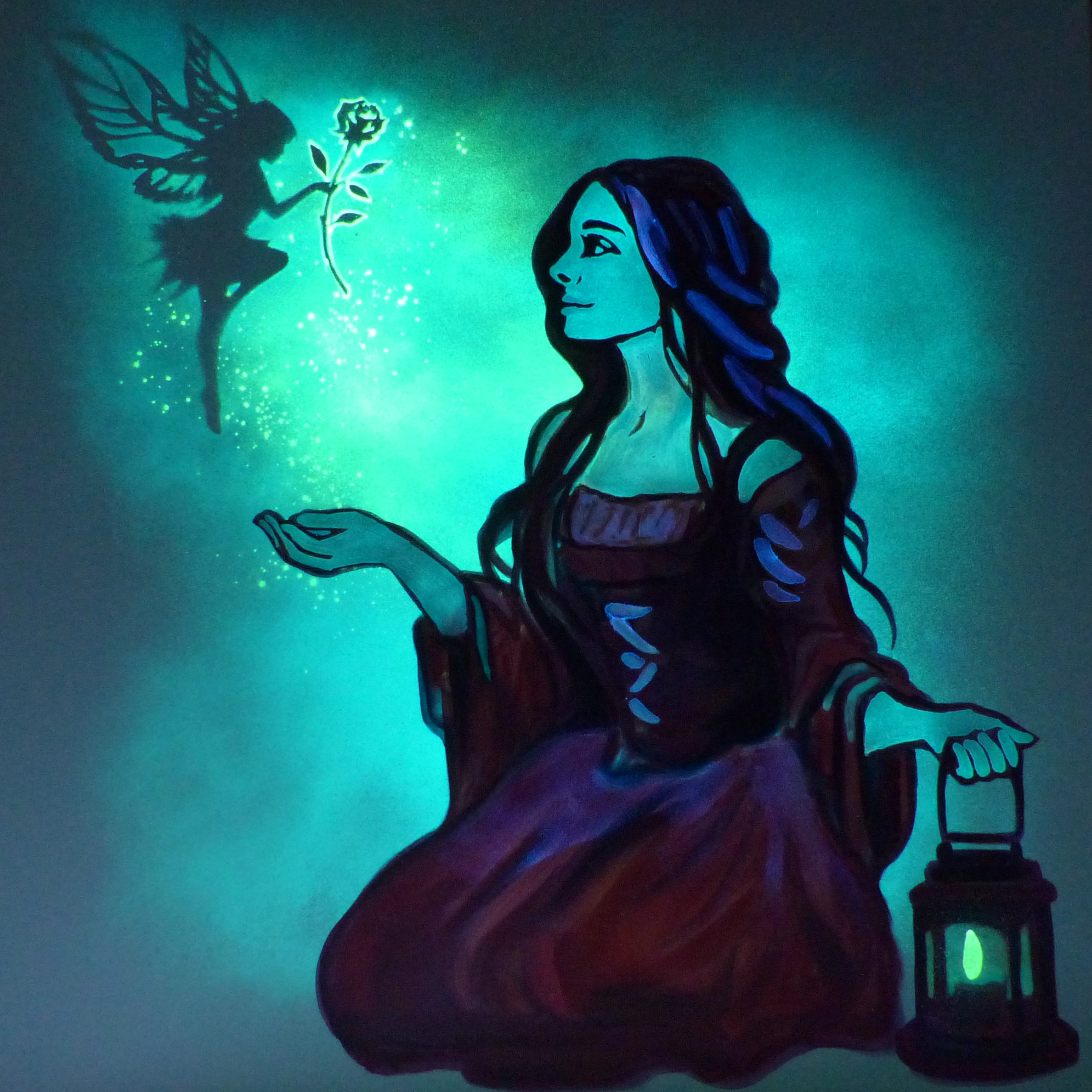 glowing fairy art, fairy giving girl a rose 