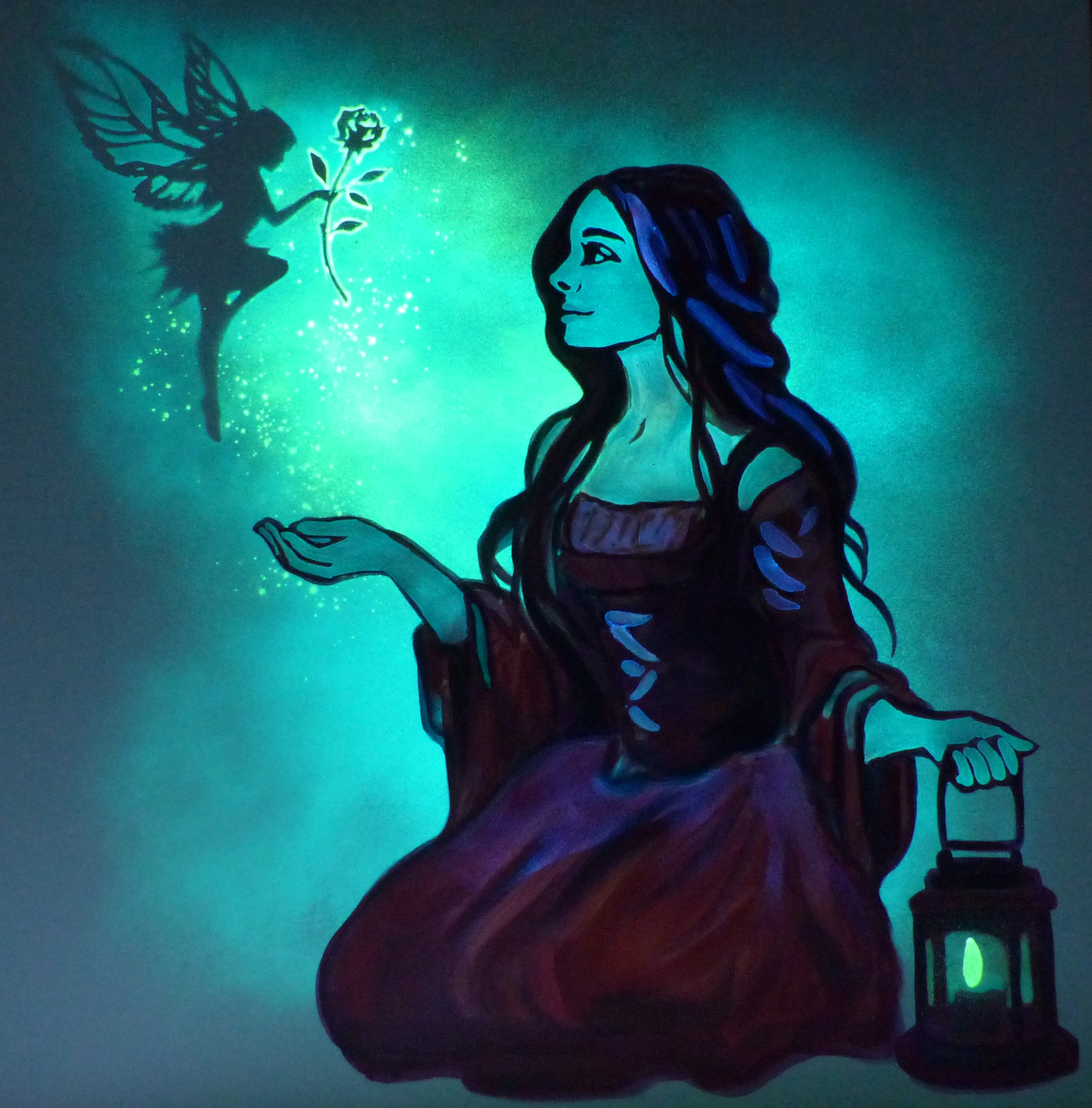 glowing fairy art, fairy giving girl a rose 