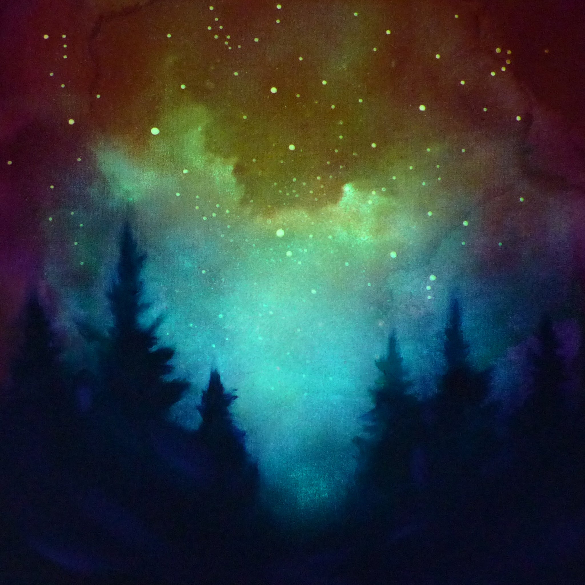 Colorful nebula landscape with silhouettes of trees in glow in the dark paint 